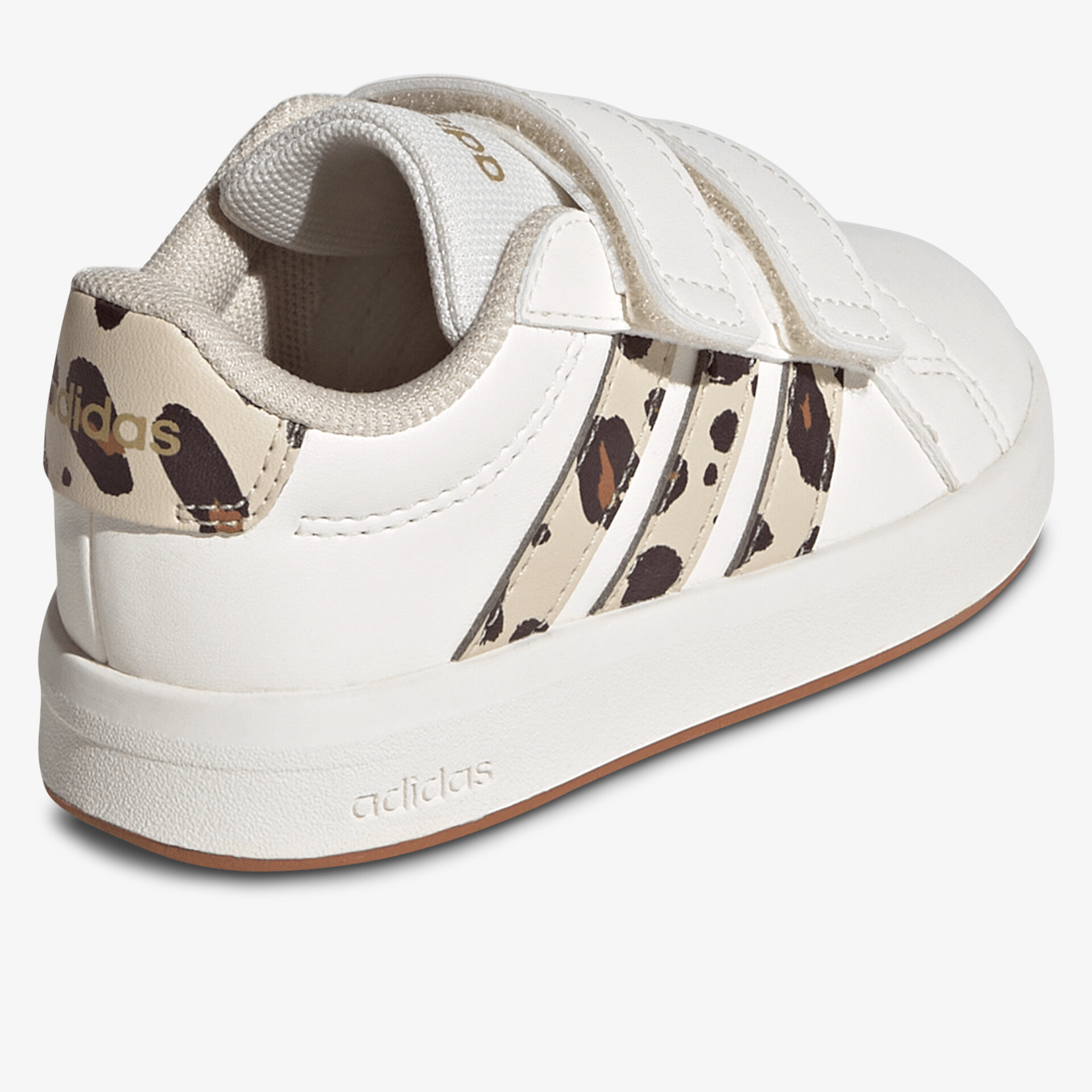 Weißer Sneaker mit Leopardenmuster auf den Streifen, Klettverschluss für einfaches Anziehen, rückseitige Ansicht