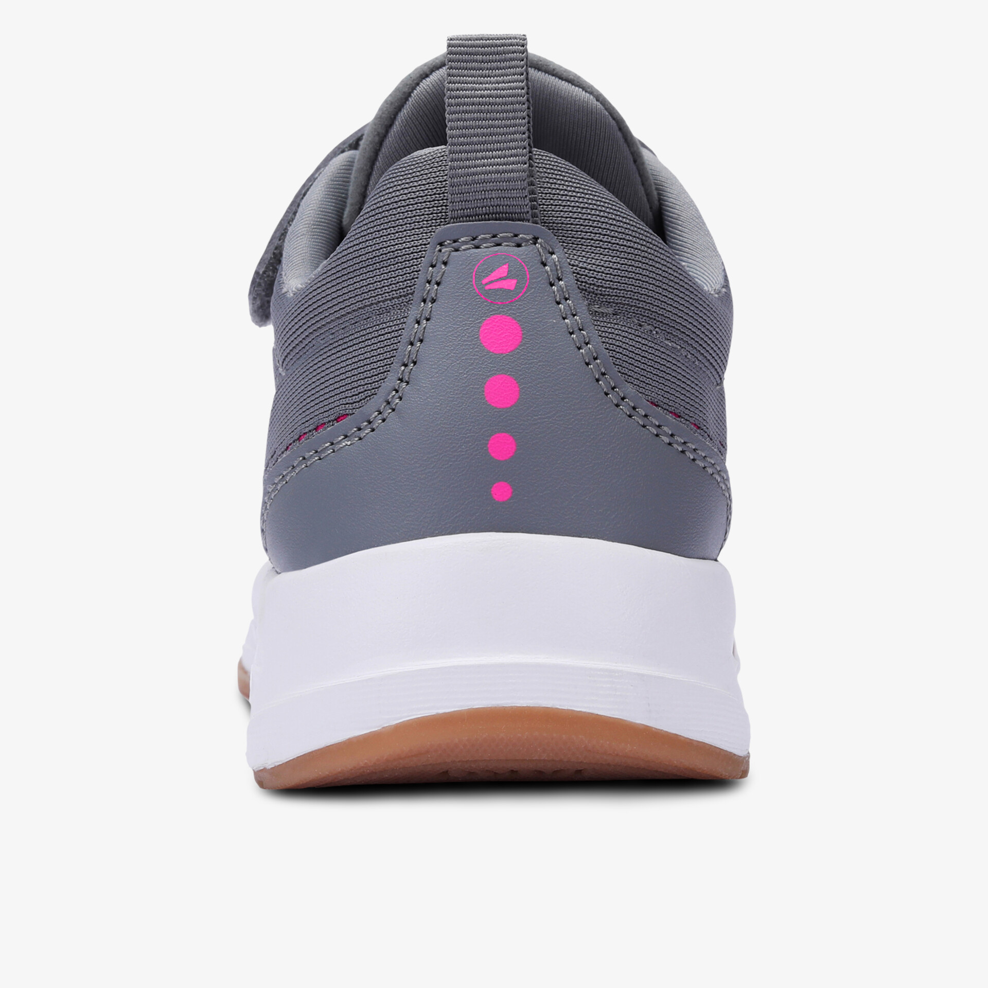 Hinteransicht moderner grauer Schuh mit weißer Sohle und praktischem Schlaufenband