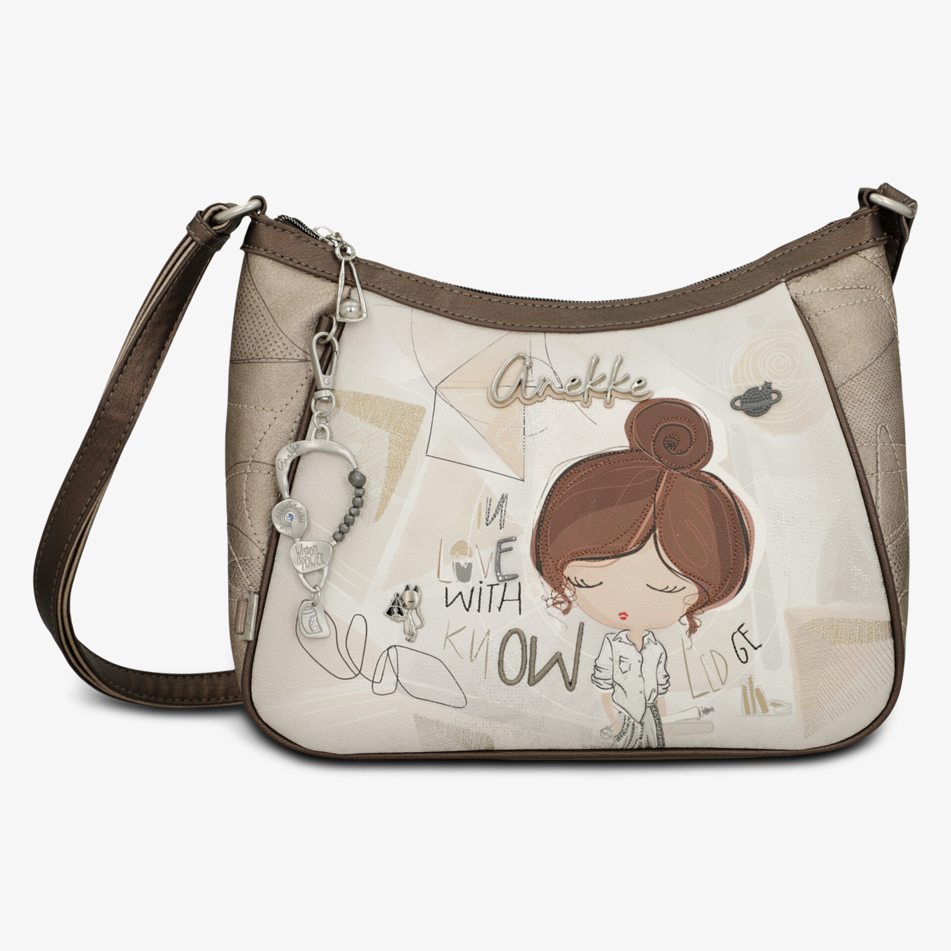 Modische Schultertasche mit niedlichem Mädchenmotiv und praktischem verstellbarem Schulterriemen in Cremefarben