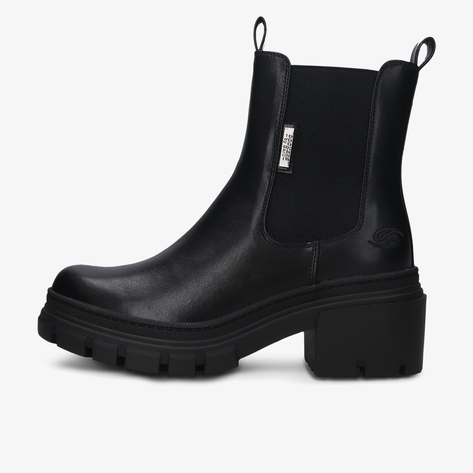 seitliche Ansicht einer robusten schwarzen Stiefelette mit elastischem Einsatz und blockigem Absatz