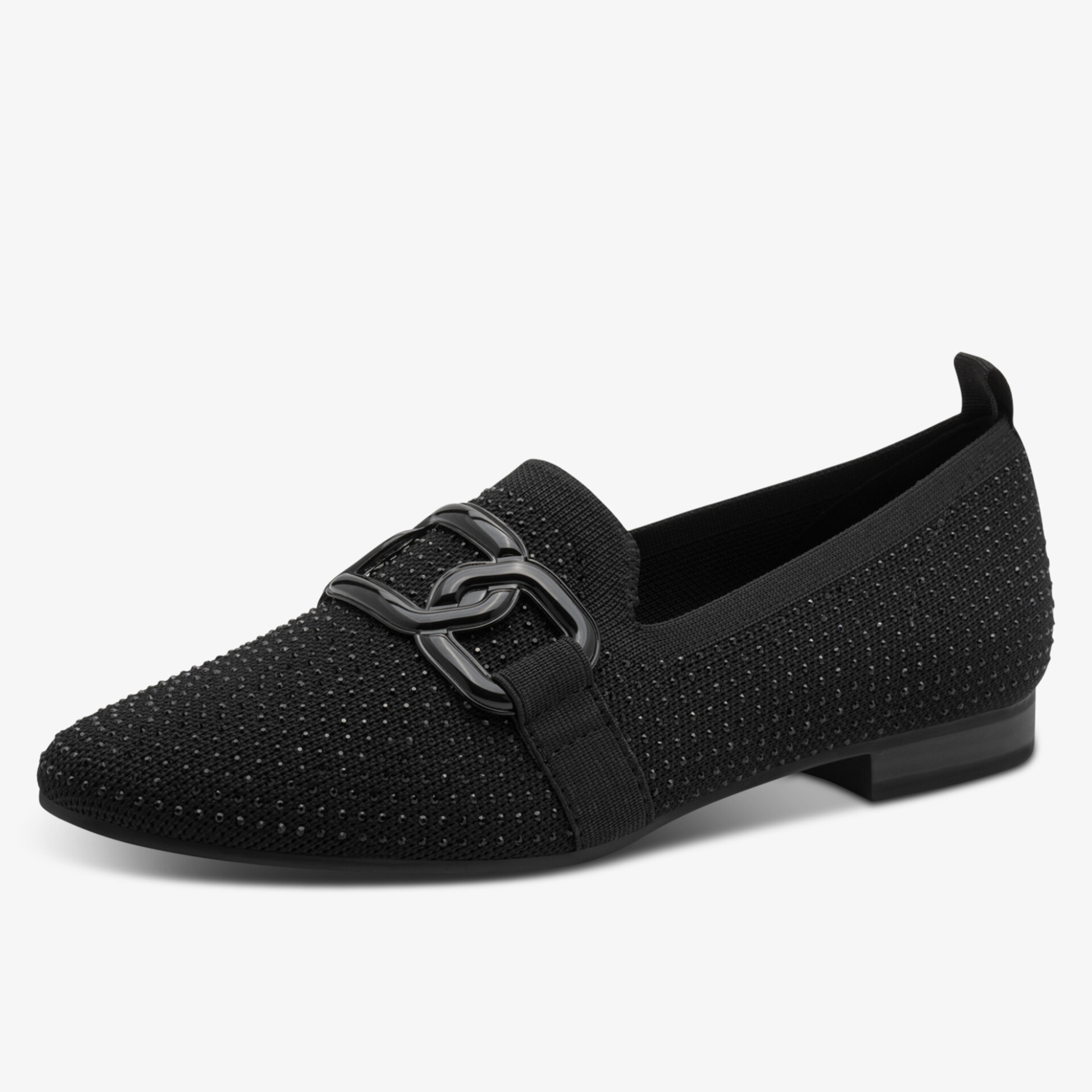 Elegante schwarze Loafer mit Strass und dekorativer Schnalle, ideal für stilvolle Anlässe.