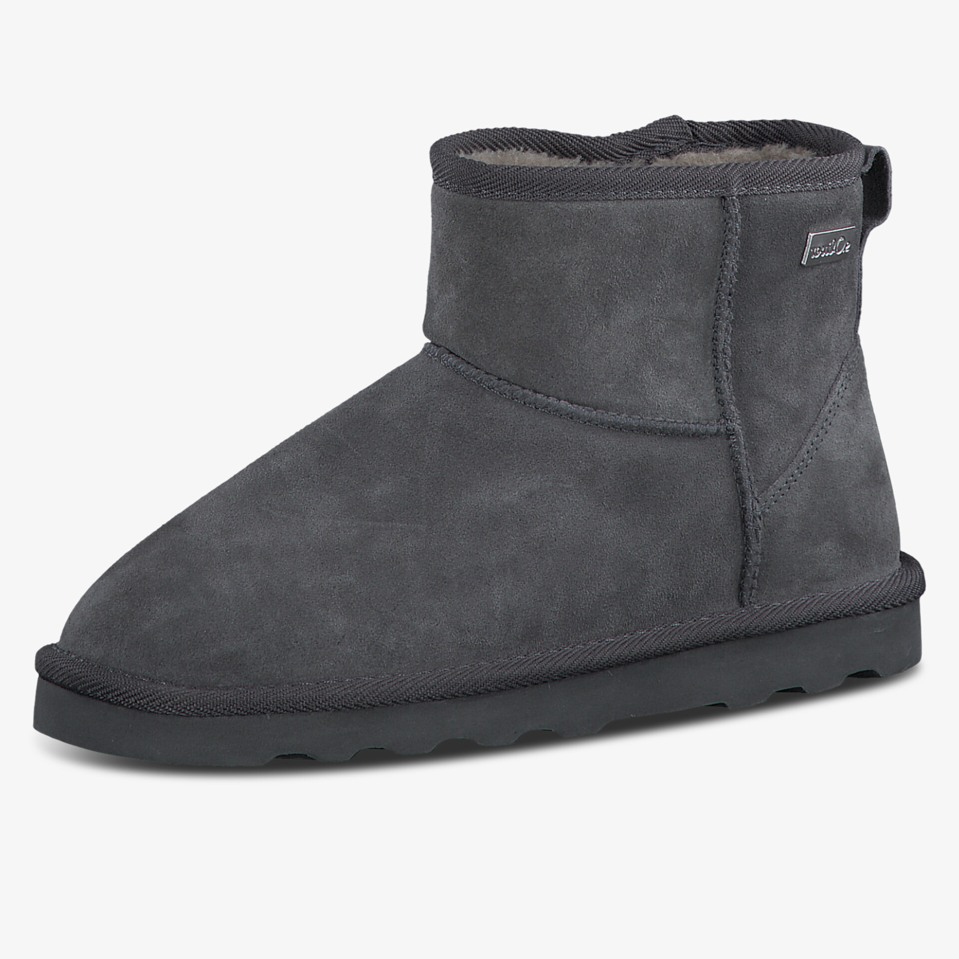 grauer Boot mit weichem Material und warmer Innenfütterung, rutschfeste Sohle für sicheren Halt