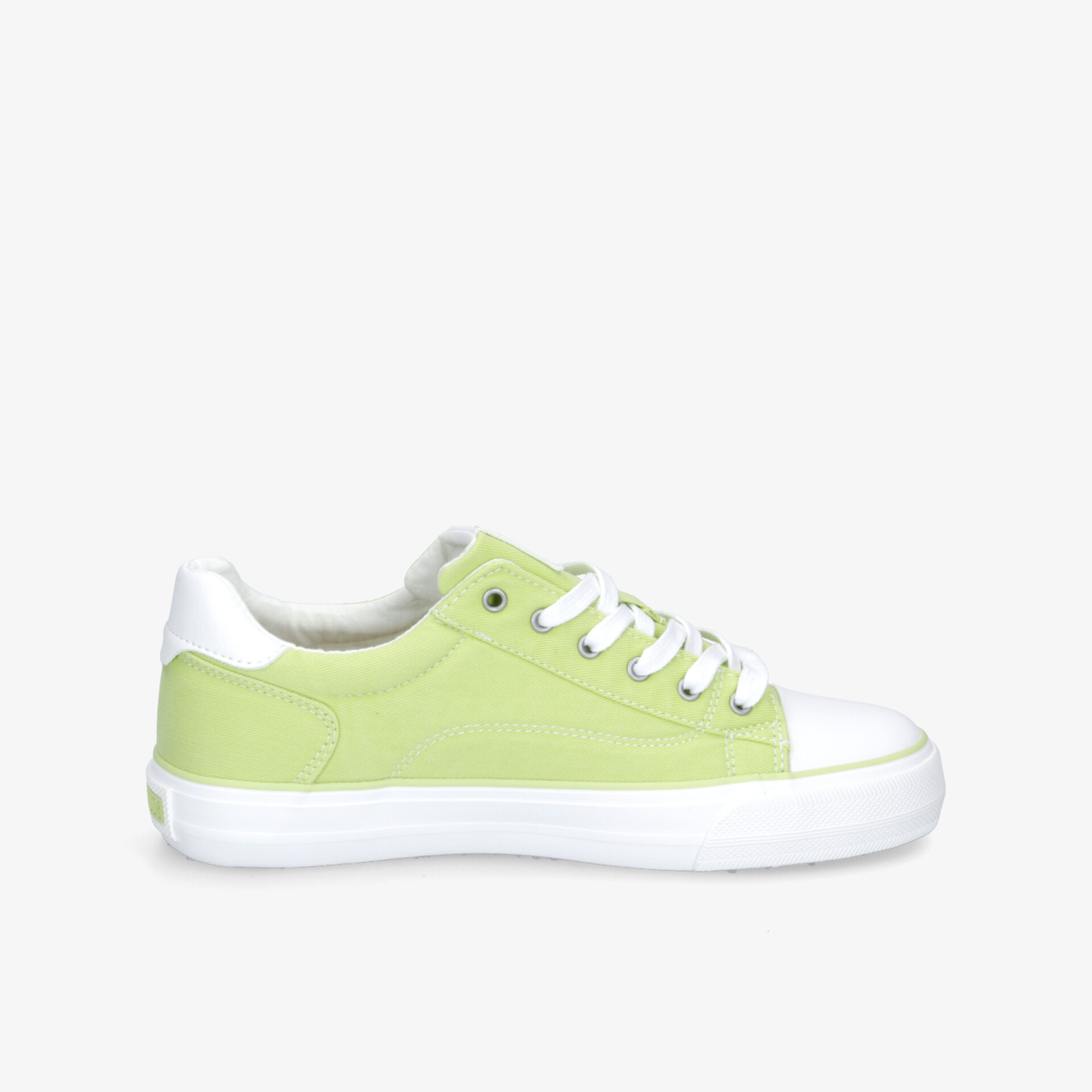 Seitliche Ansicht eines grünen Sneakers mit weißer Sohle und klassischer Schnürung, bequem und sportlich