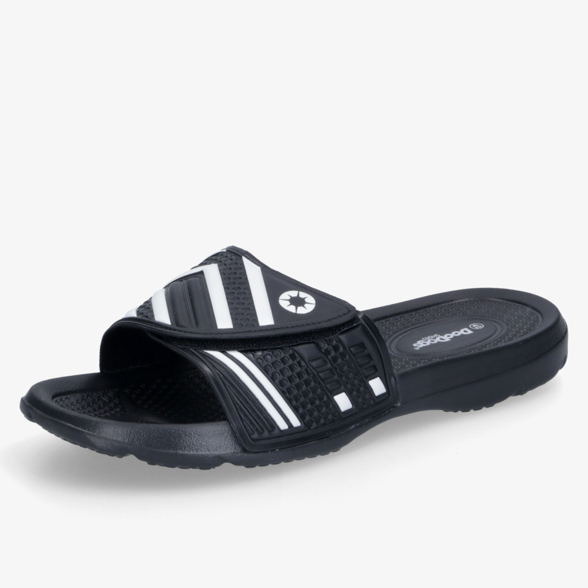 Leichter, komfortabler schwarzer Slide mit weißem Design, rutschfeste Sohle und atmungsaktive Materialien