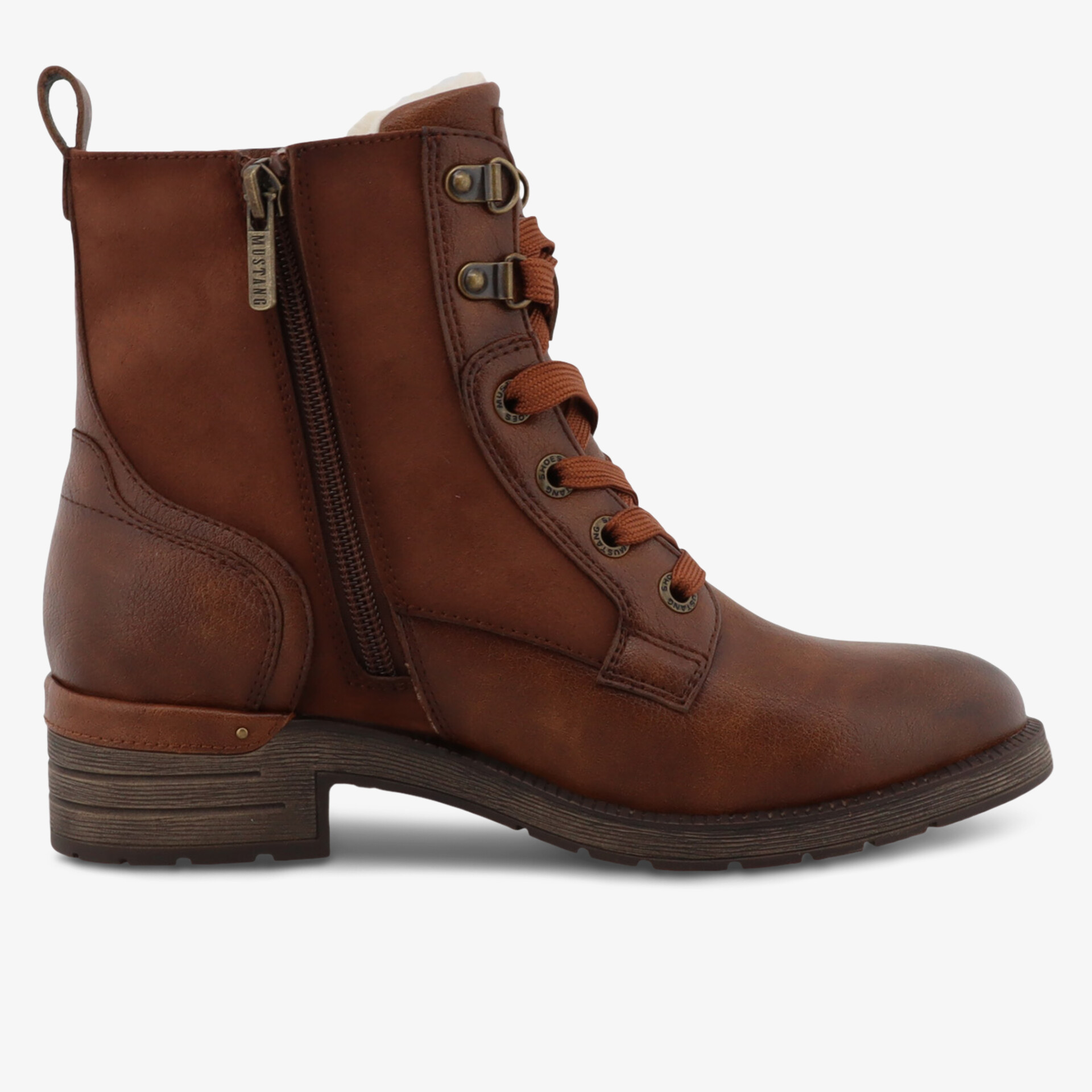 Seitliche Ansicht einer robusten braunen Stiefelette mit Reißverschluss und Schnürung aus hochwertigem Leder