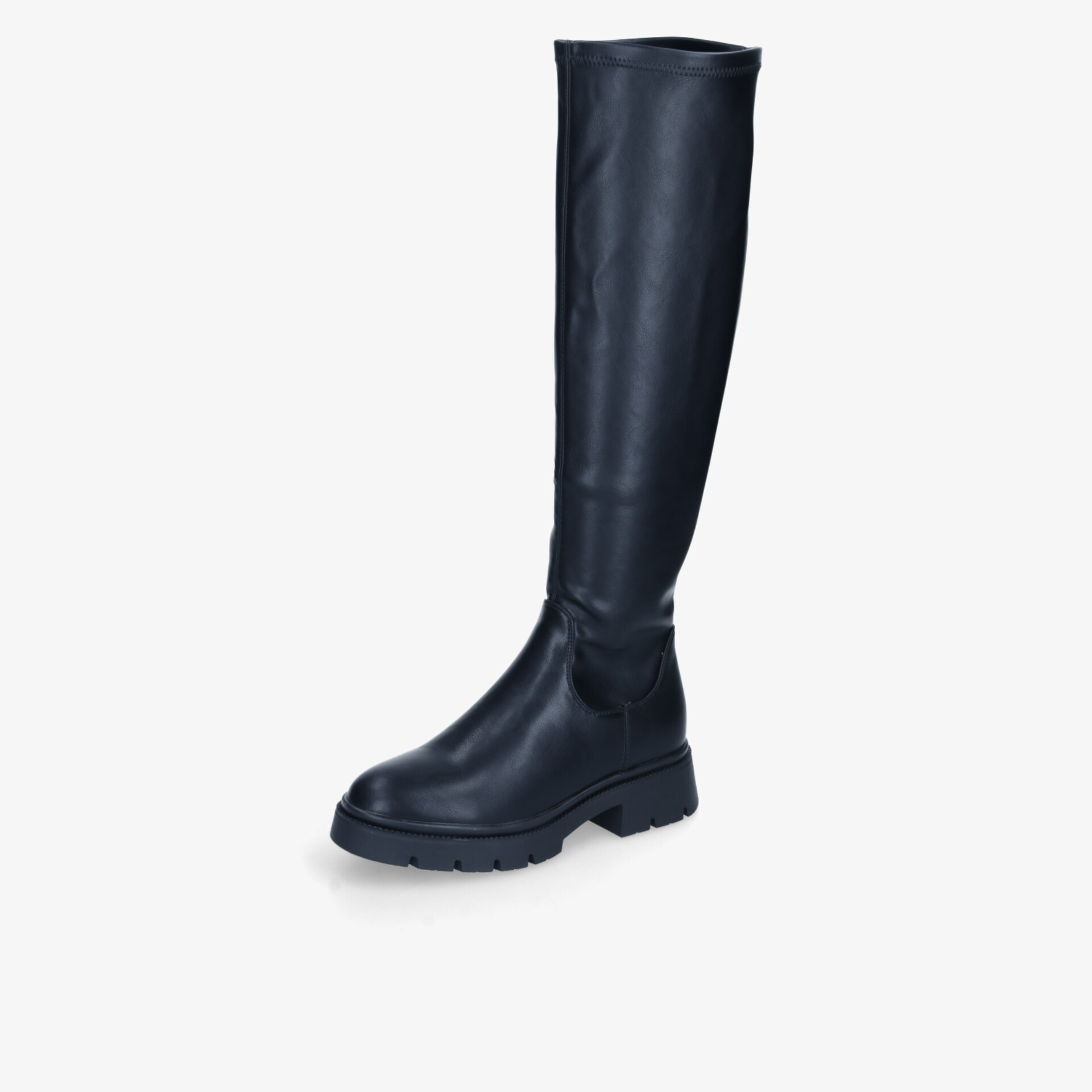 Schwarzer hoher Stiefel aus glattem Material mit robustem Absatz seitliche Ansicht modern und bequem