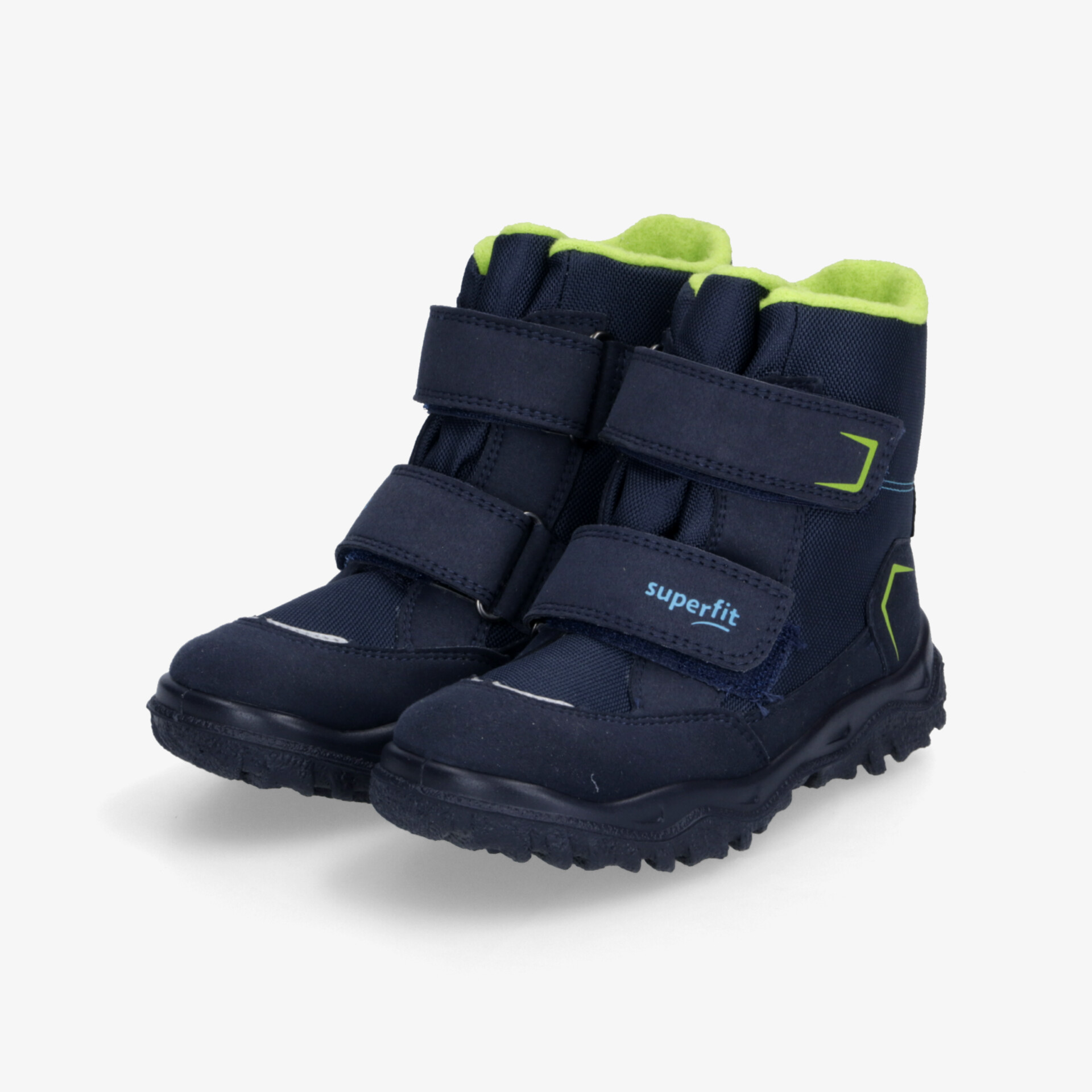 Robuste, wetterfeste Winterschuhe in Navy mit gelber Innenseite, rutschfeste Profilsohle und praktischem Klettverschluss
