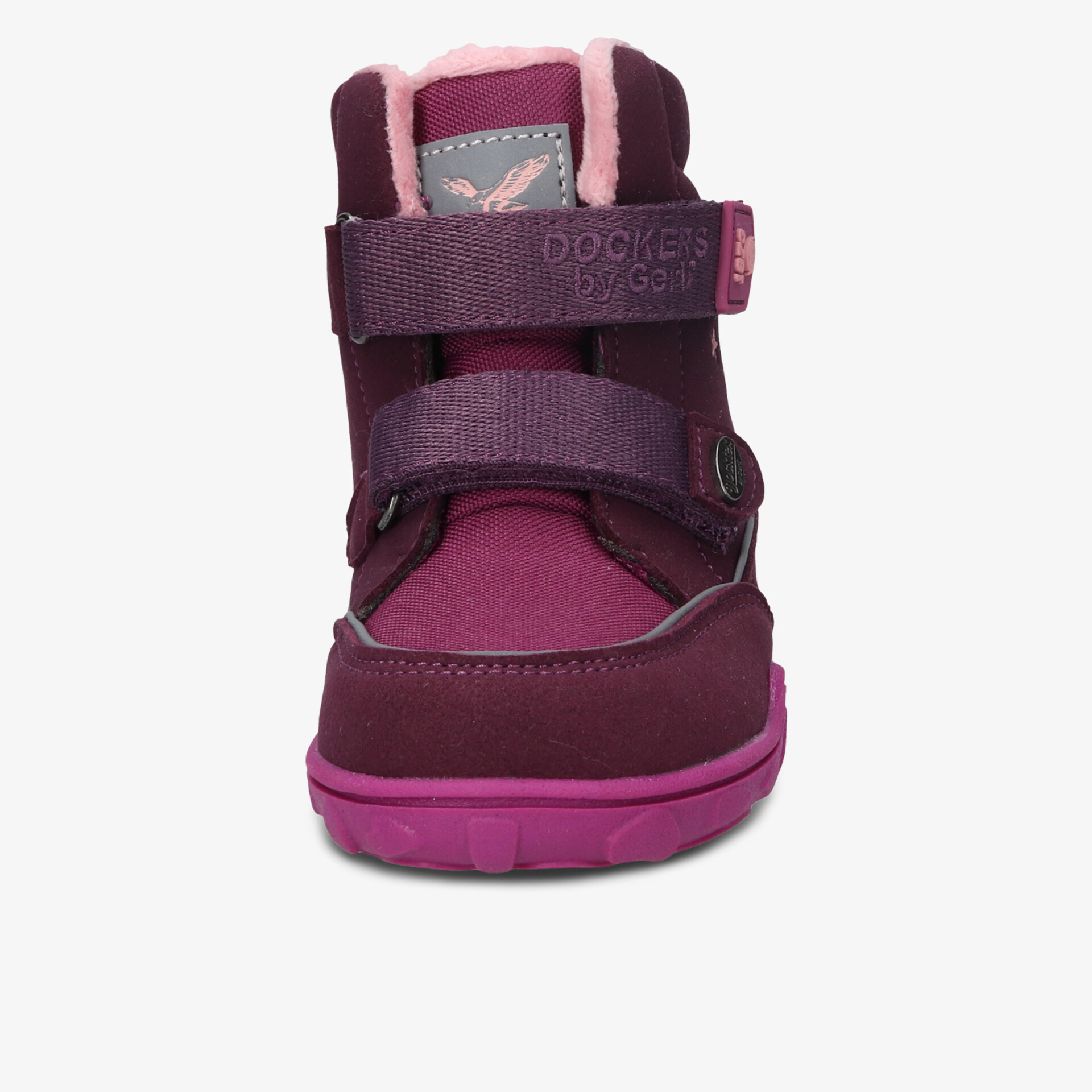 Front view of a durable purple shoe with padded ankle and secure strap for comfort and fit