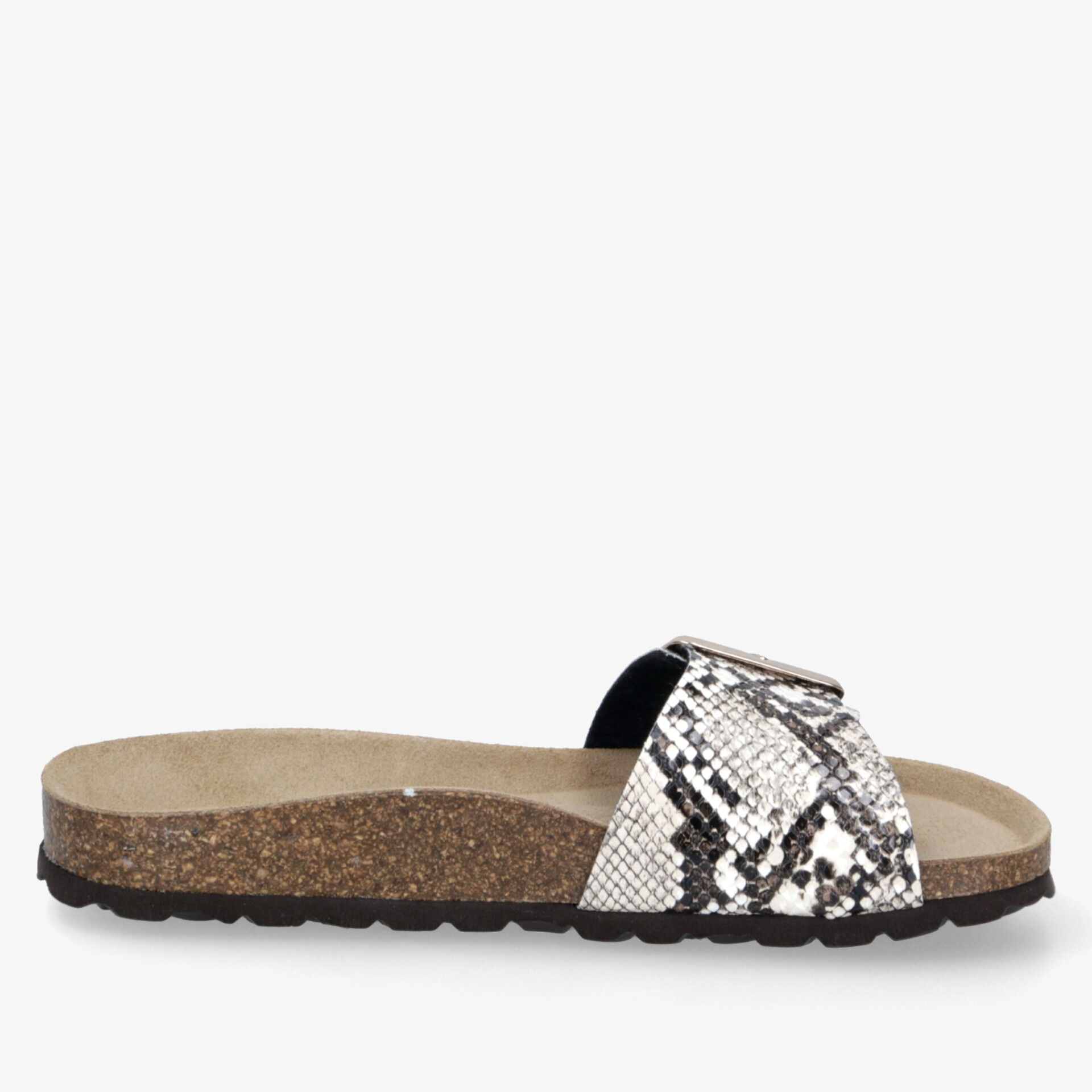 Seitliche Ansicht einer modischen und komfortablen Sandale mit Korksohle und verstellbarem Riemen