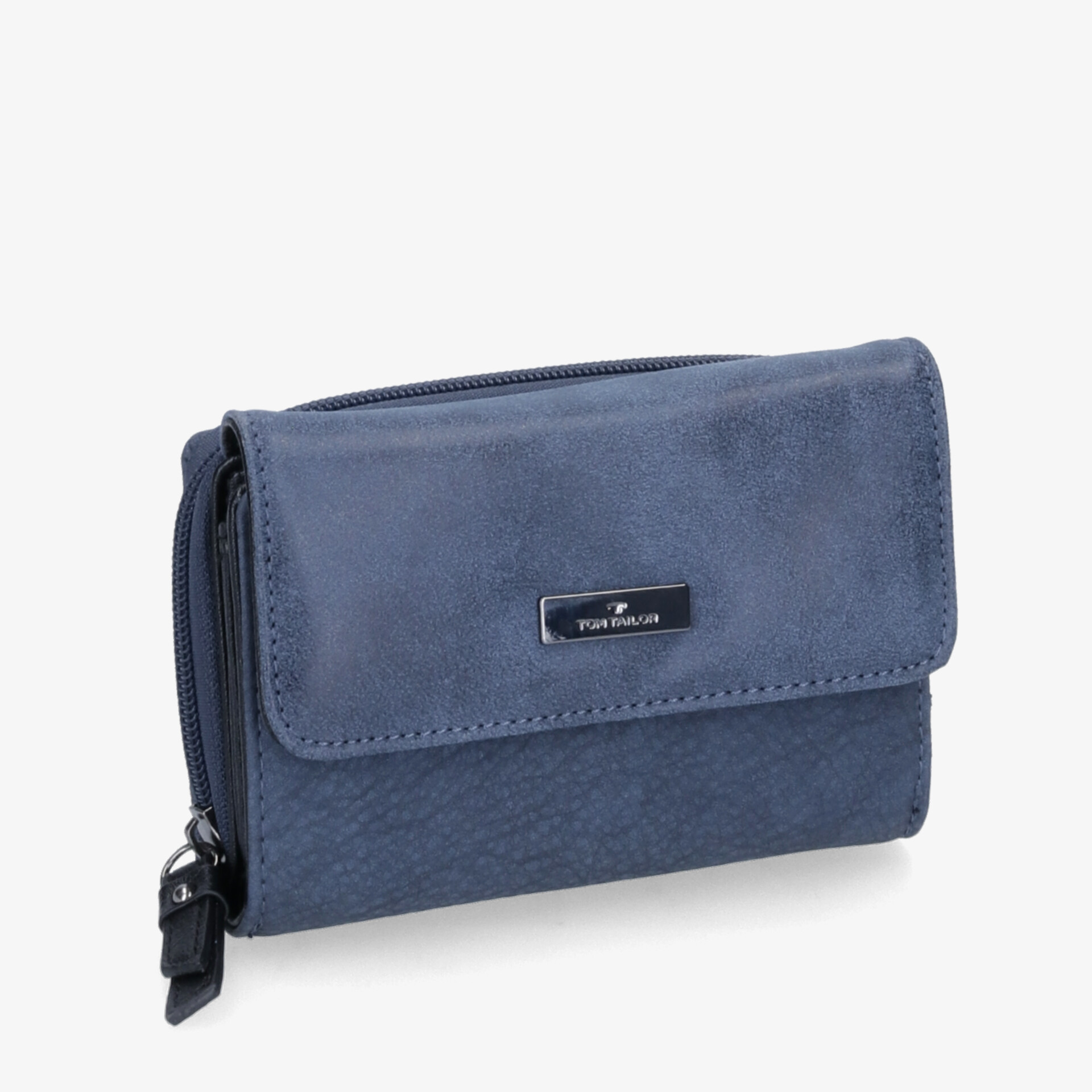 Kompakte blaue Leder-Geldbörse mit Reißverschluss und elegantem Design.