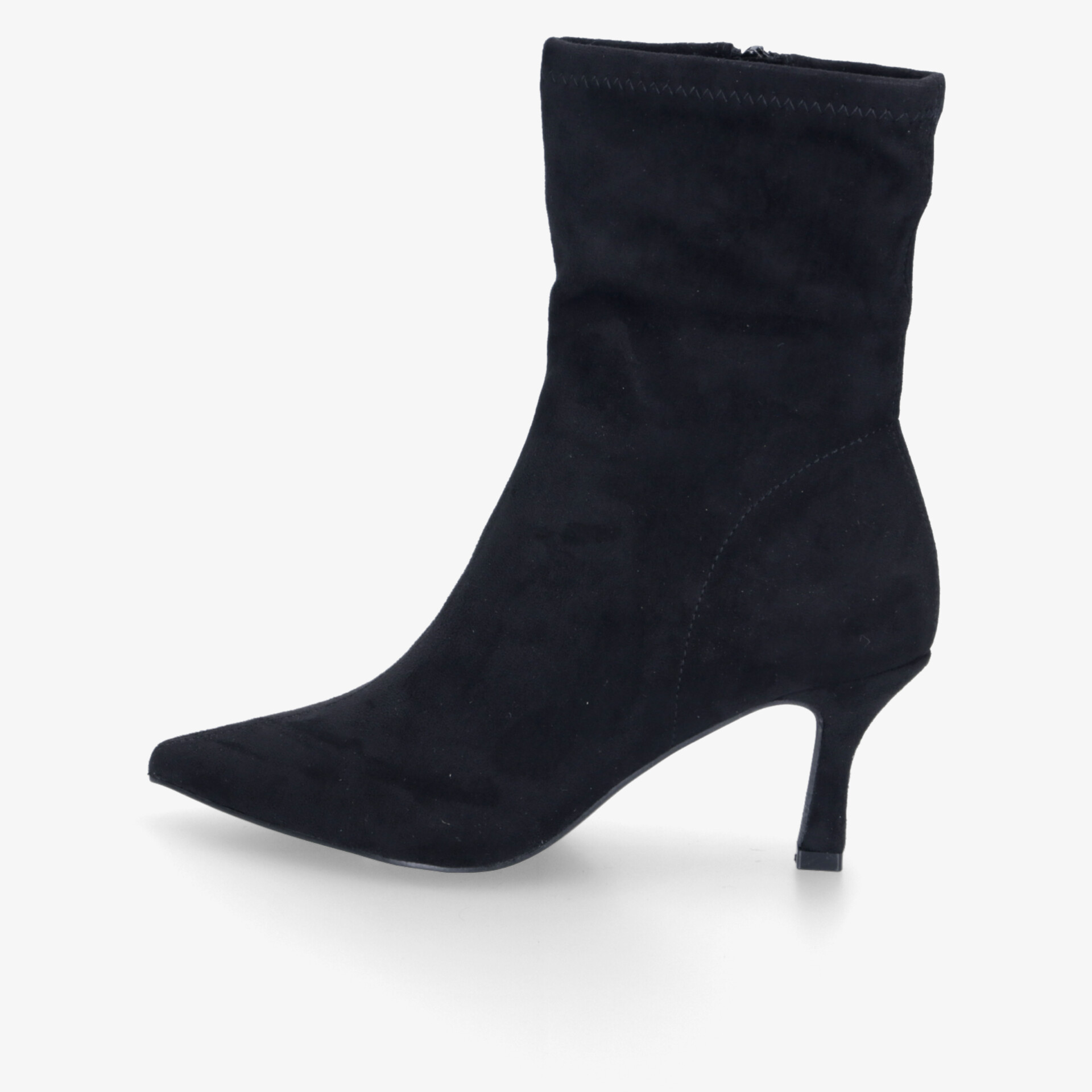 Eleganter schwarzer Stiefel mit spitzer Zehenpartie und mittelhohem Absatz, hochwertiges Material, seitliche Ansicht