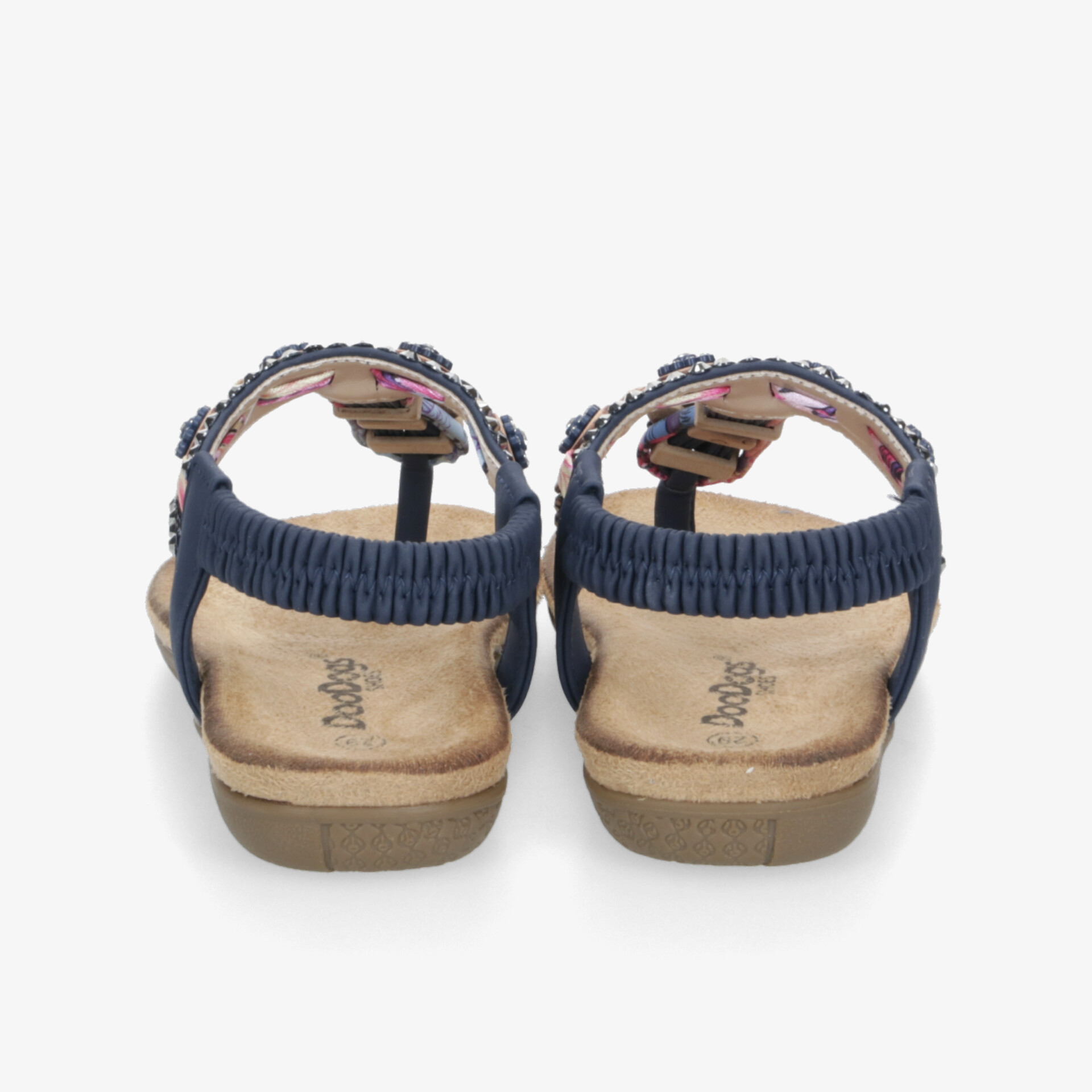 Rückansicht von bequemen blauen Sandalen mit verstellbaren Riemen und gepolsterter Innensohle