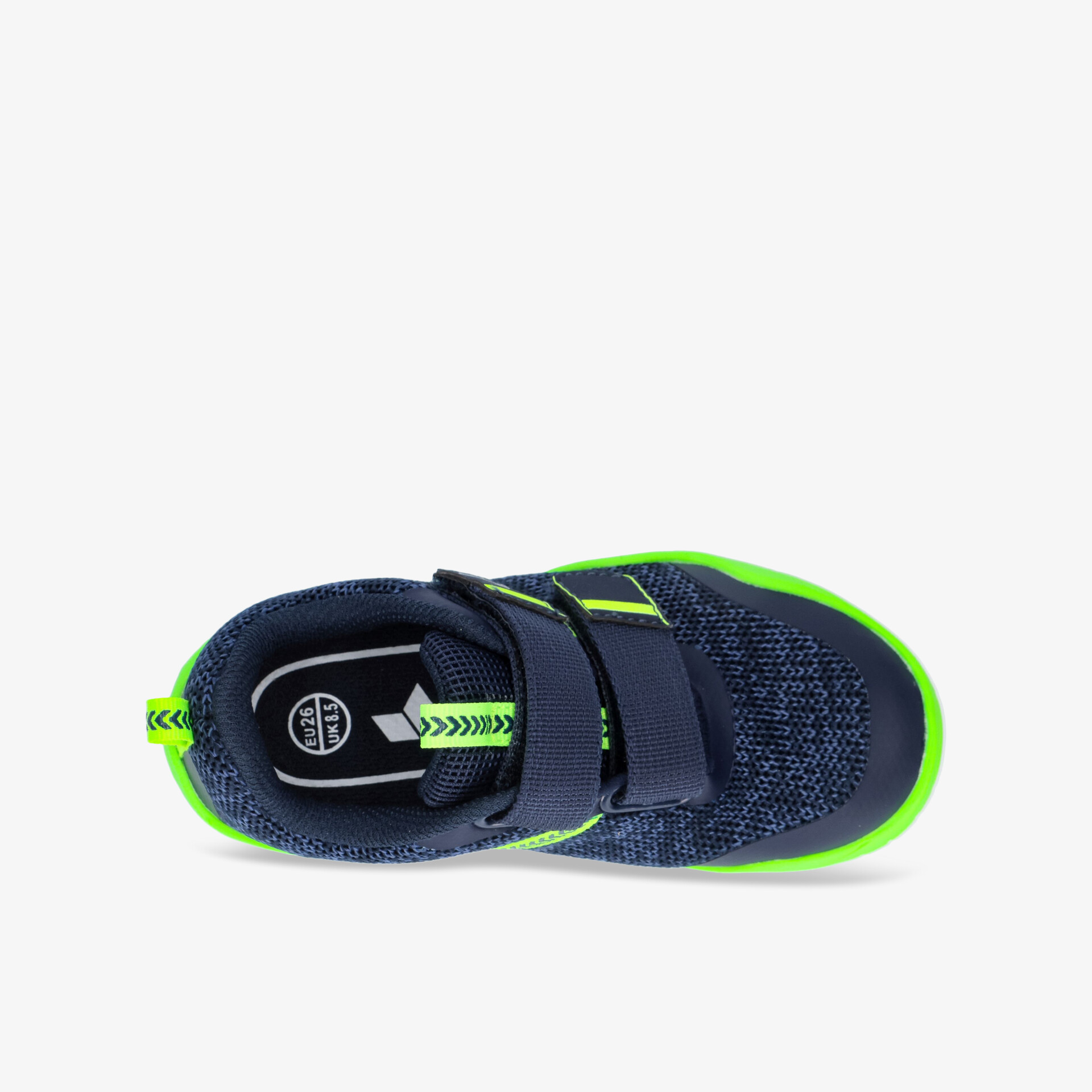 Bequeme blaue Sneaker mit Klettverschluss und auffälligen Neon-Akzenten für optimalen Tragekomfort.