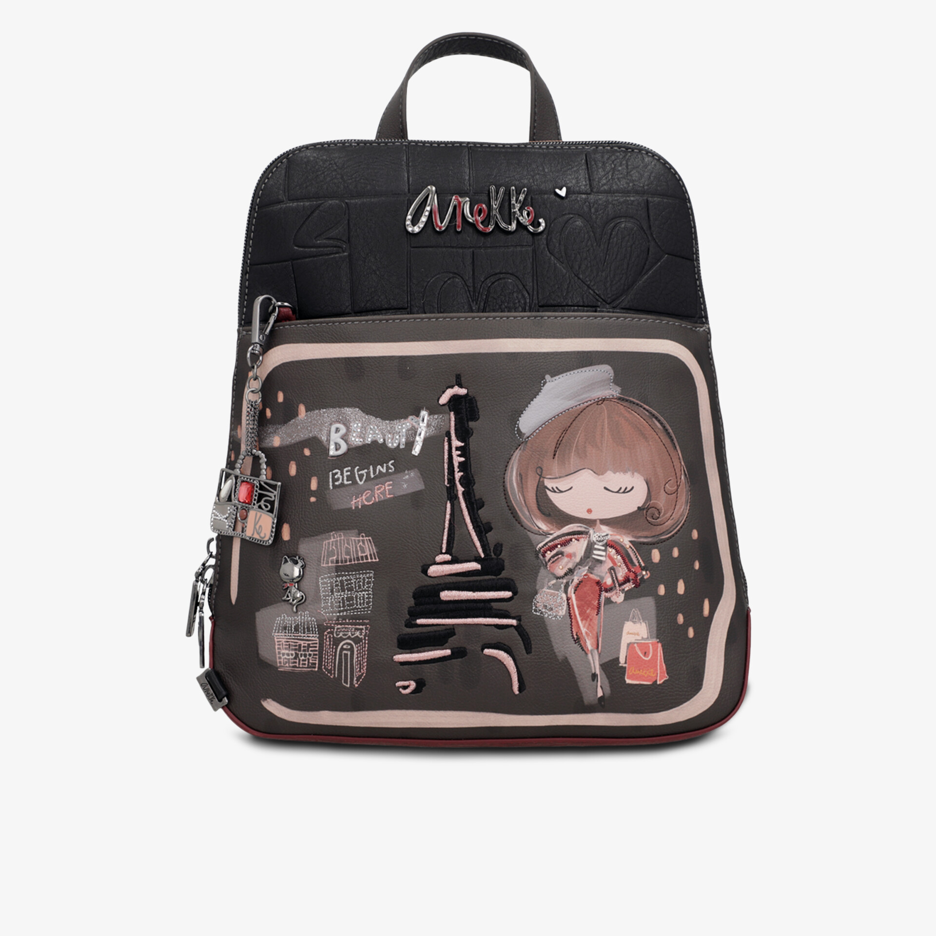 Moderner schwarzer Rucksack mit Eiffelturm-Motiv und praktischer Fronttasche für den Alltag