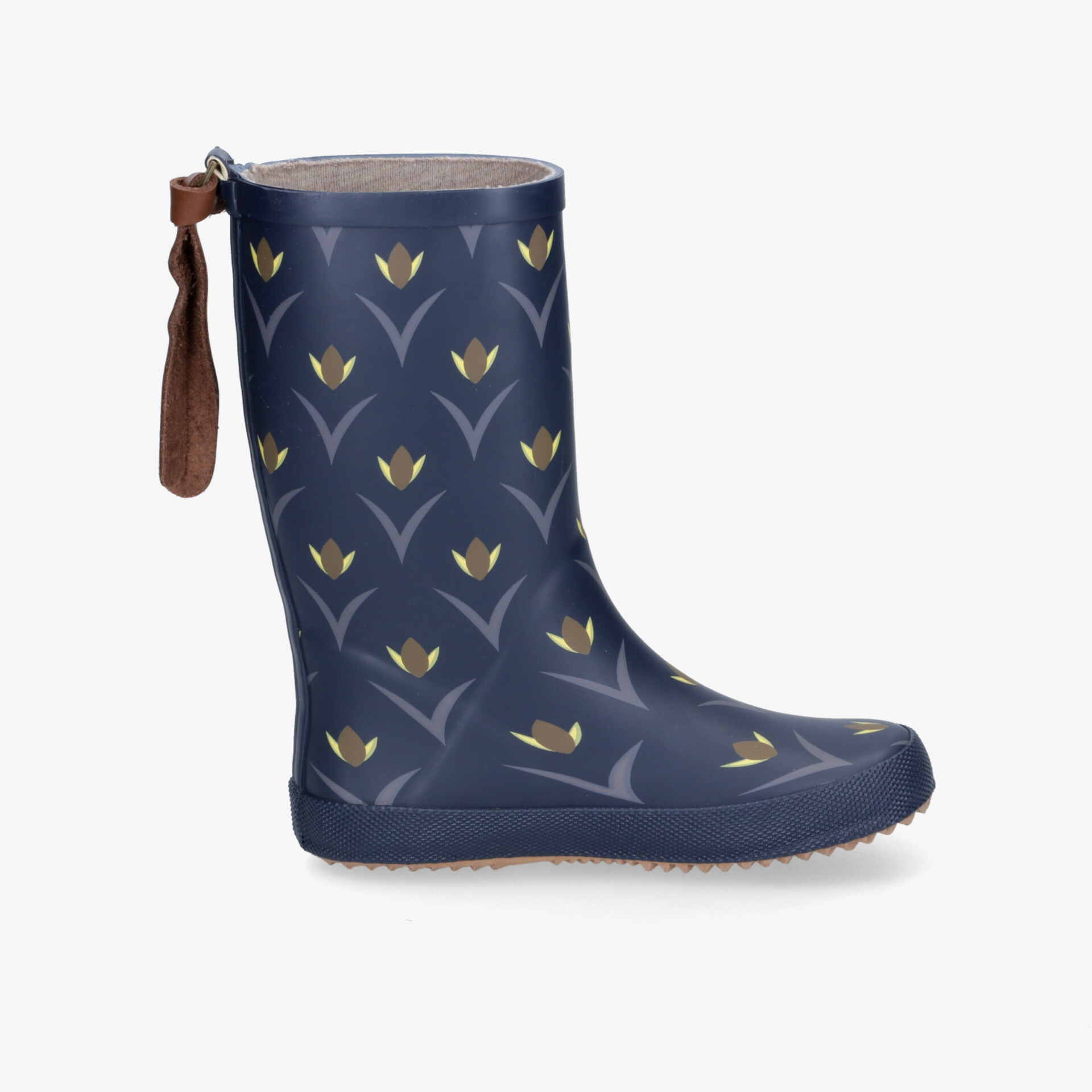 Elegante blaue Gummistiefel mit Blumenmuster und rutschfester Sohle, ideal für regnerische Tage.