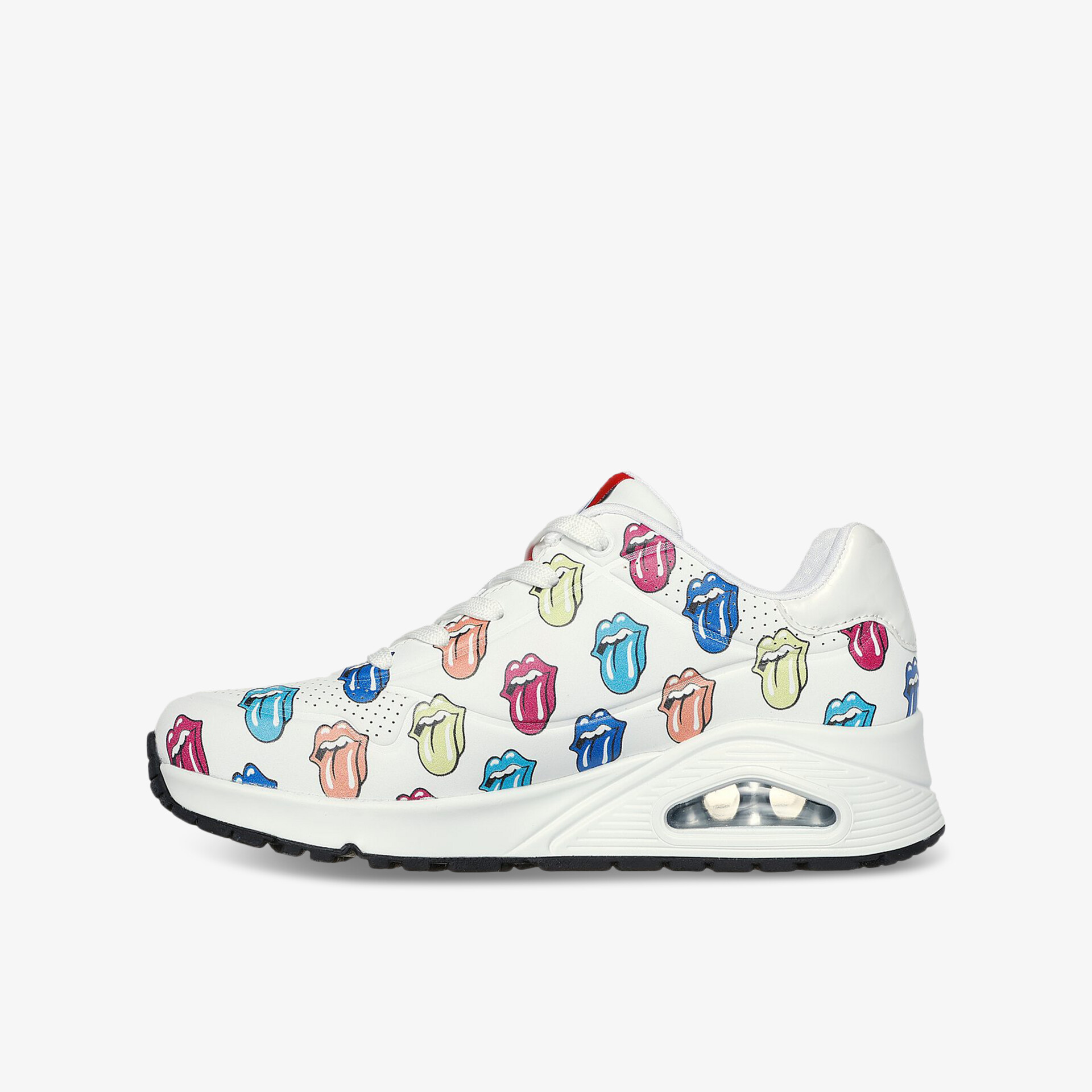 Sportlicher weißer Schuh mit bunten Logos, leichte und komfortable Passform, seitliche Ansicht