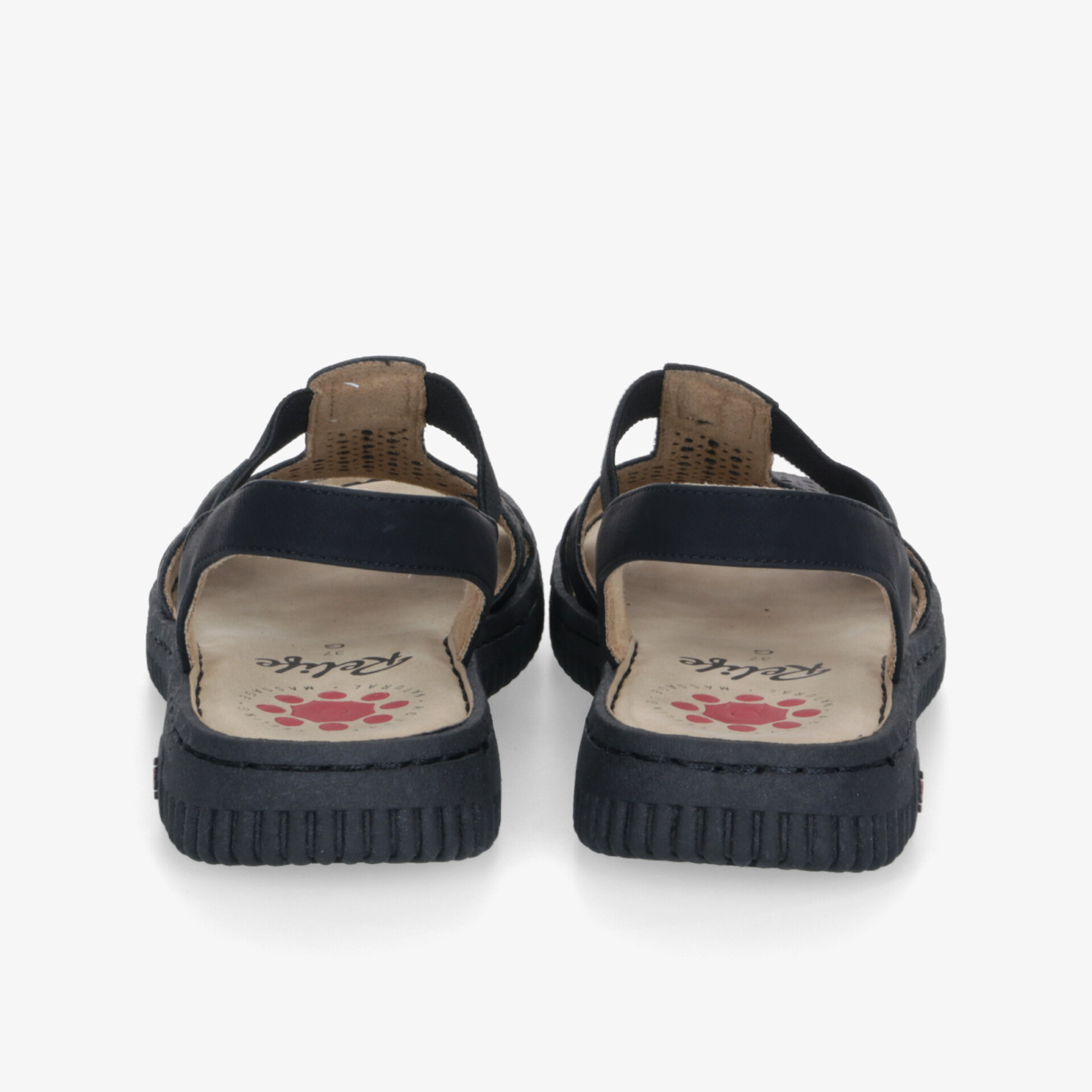 Rückansicht von bequemen, robusten Sandalen mit gepolsterter Innensohle und rutschfester Sohle