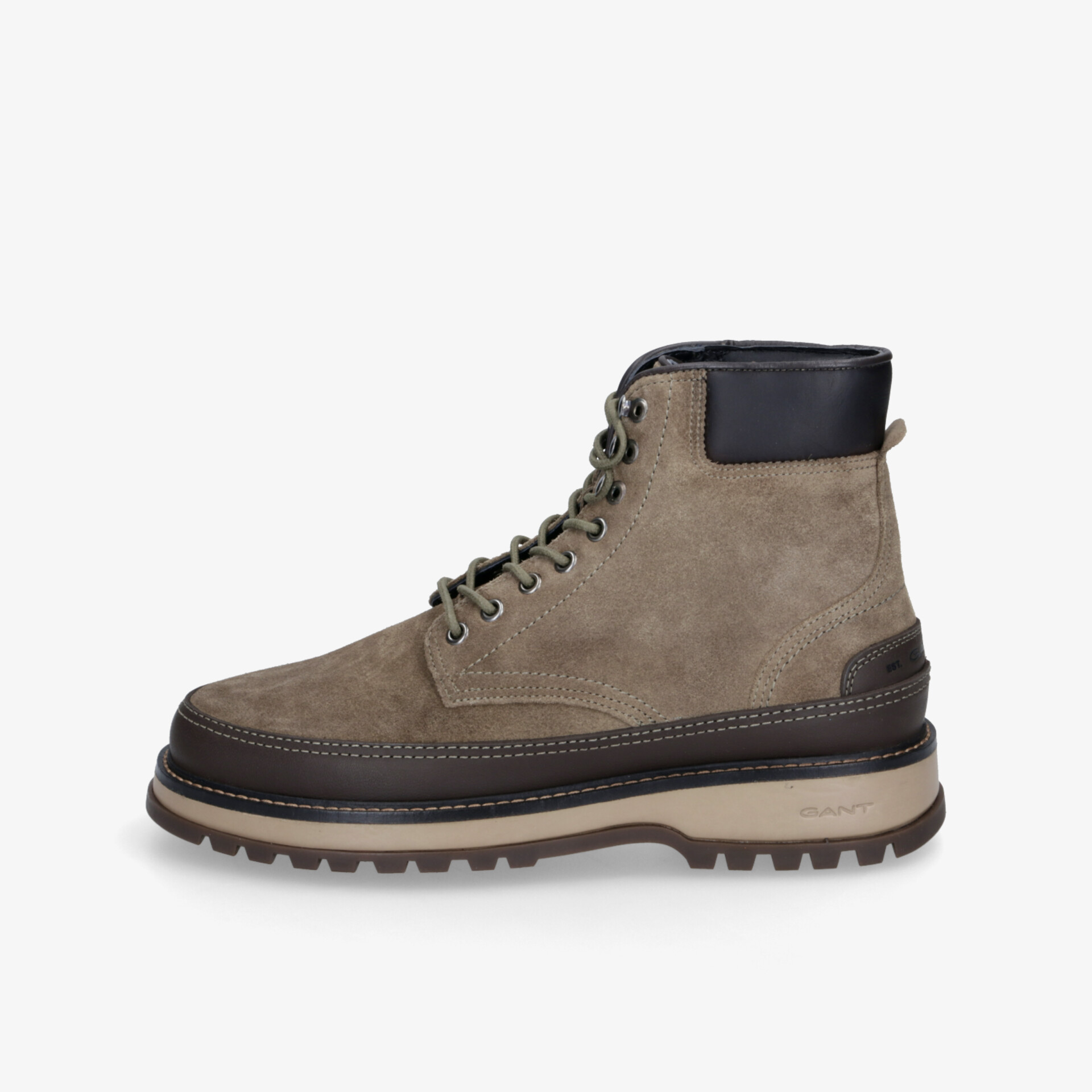 Robuster taupefarbener Stiefel mit seitlicher Ansicht, rutschfester Sohle und bequemer Schnürung