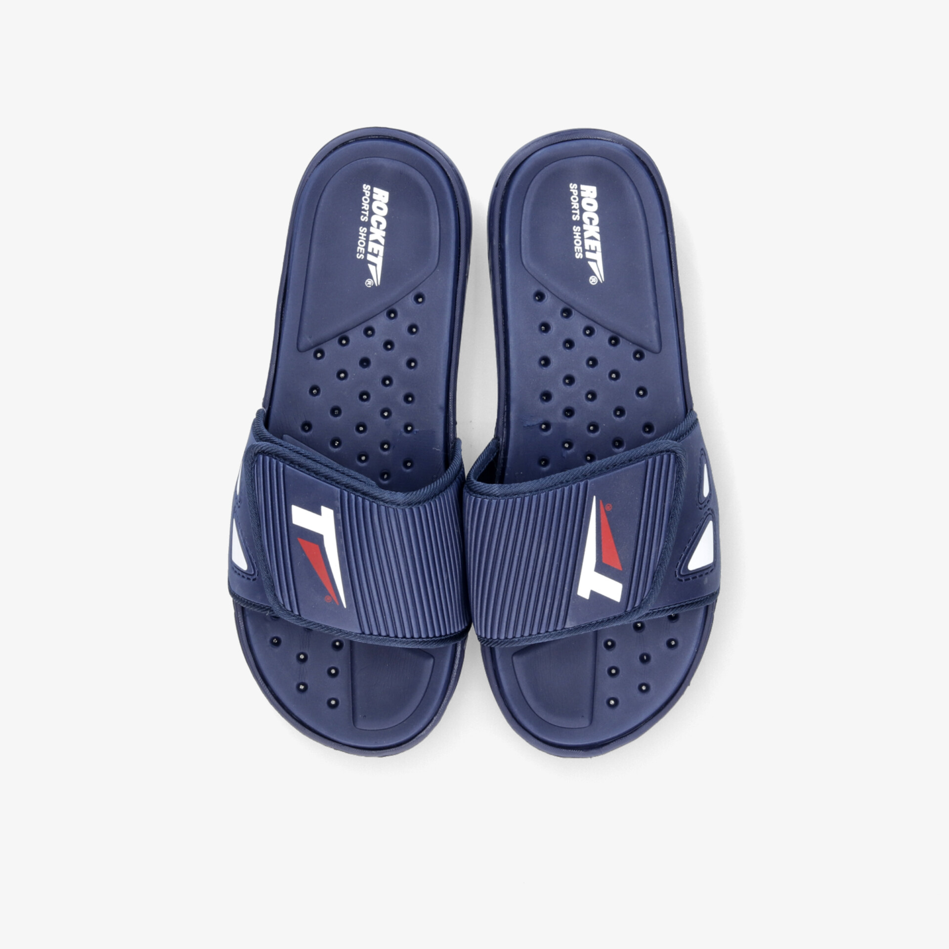 Bequemes Paar blaue Slides mit perforierter Innensohle und sportlichem Design für optimalen Tragekomfort