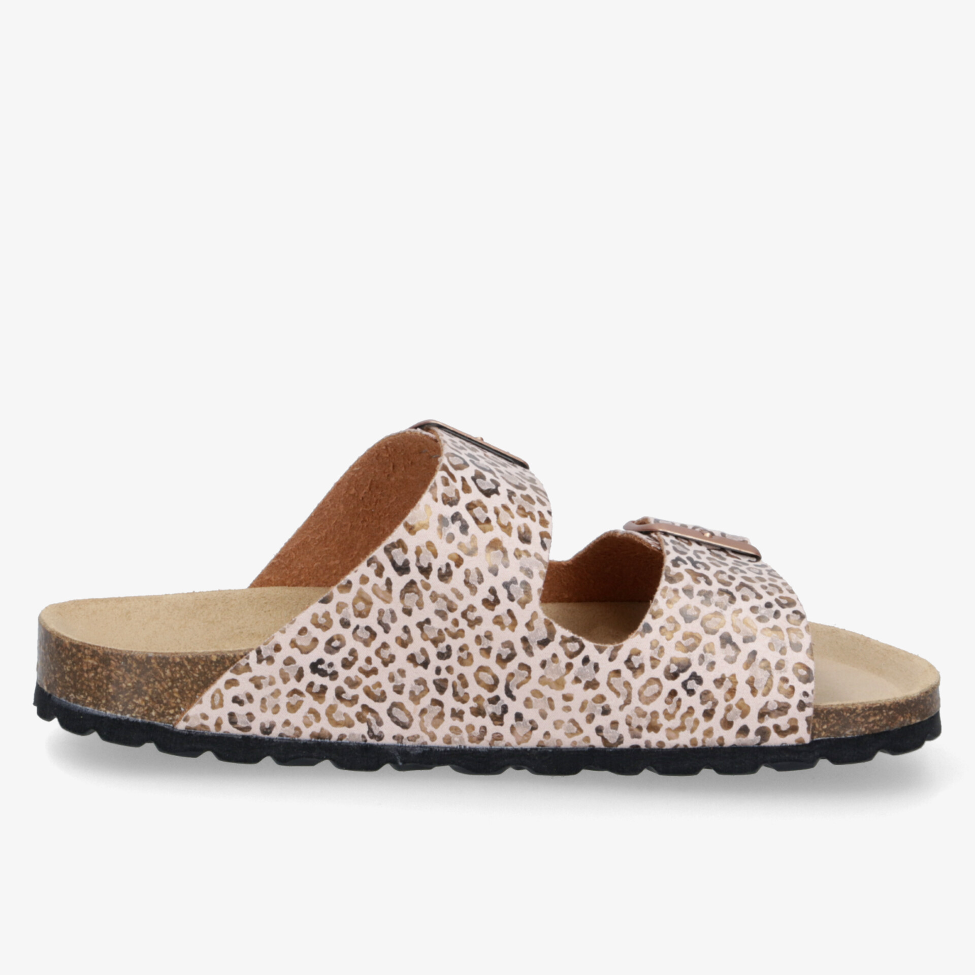 Bequeme Sandale mit verstellbaren Riemen und weichem Fußbett, leopard print und rutschfester Sohle, seitliche Ansicht