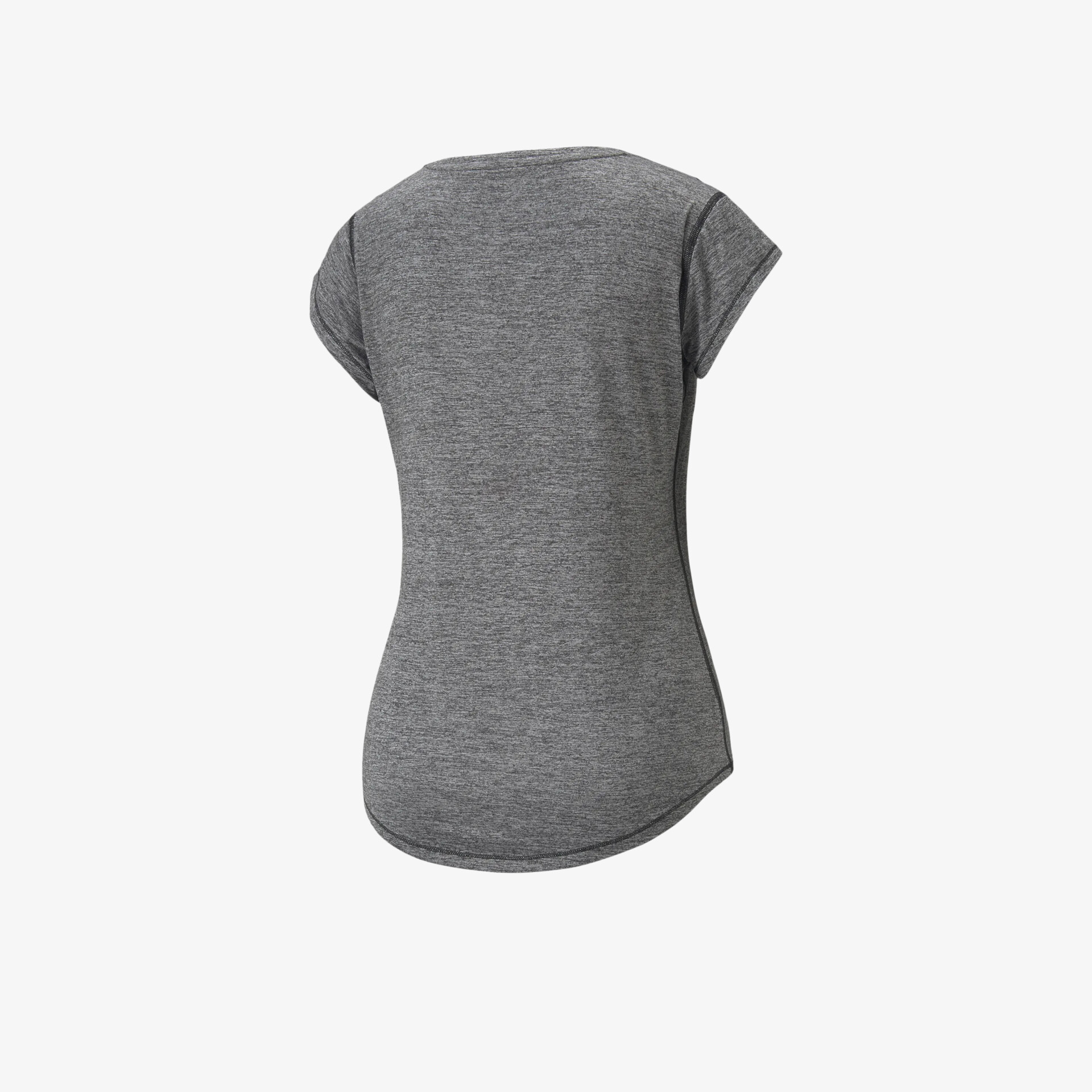 Rückansicht eines grauen kurzärmligen T-Shirts mit rundem Ausschnitt und bequemem, leichtem Material