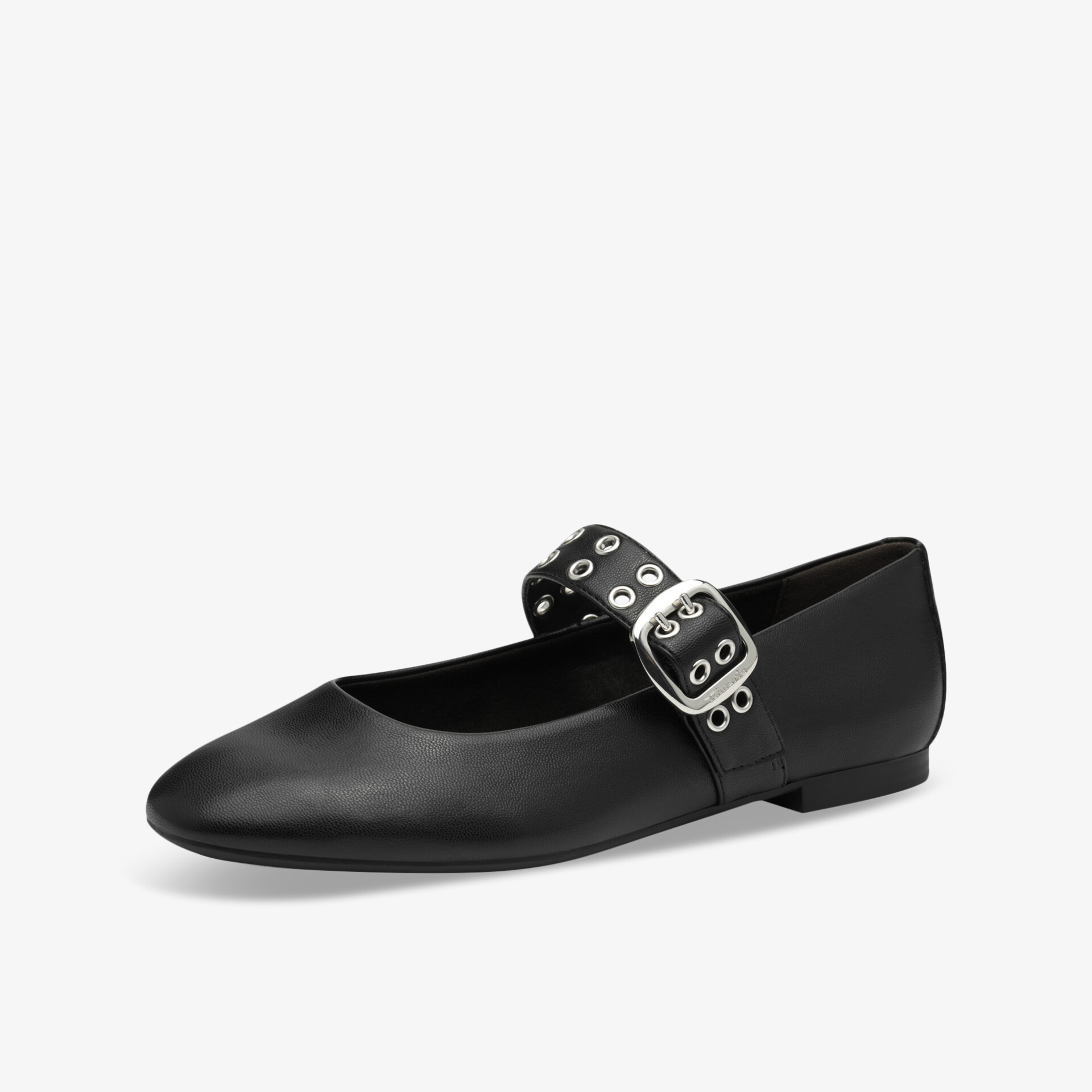 Eleganter schwarzer Ballerina mit flacher Sohle, verstellbarer Schnalle und dekorativen Metalldetails in klarer Seitenansicht