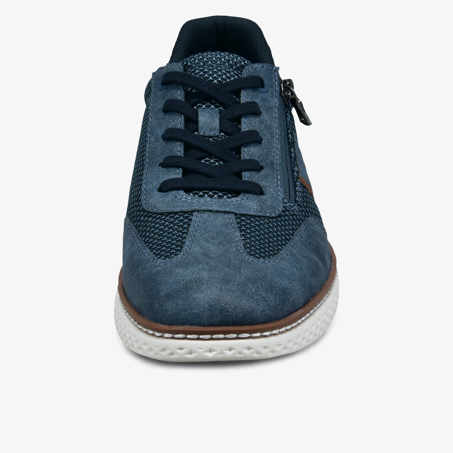 Blauer Sneaker mit bequemer Schnürung und weißer flexibler Sohle, sportliches und atmungsaktives Material