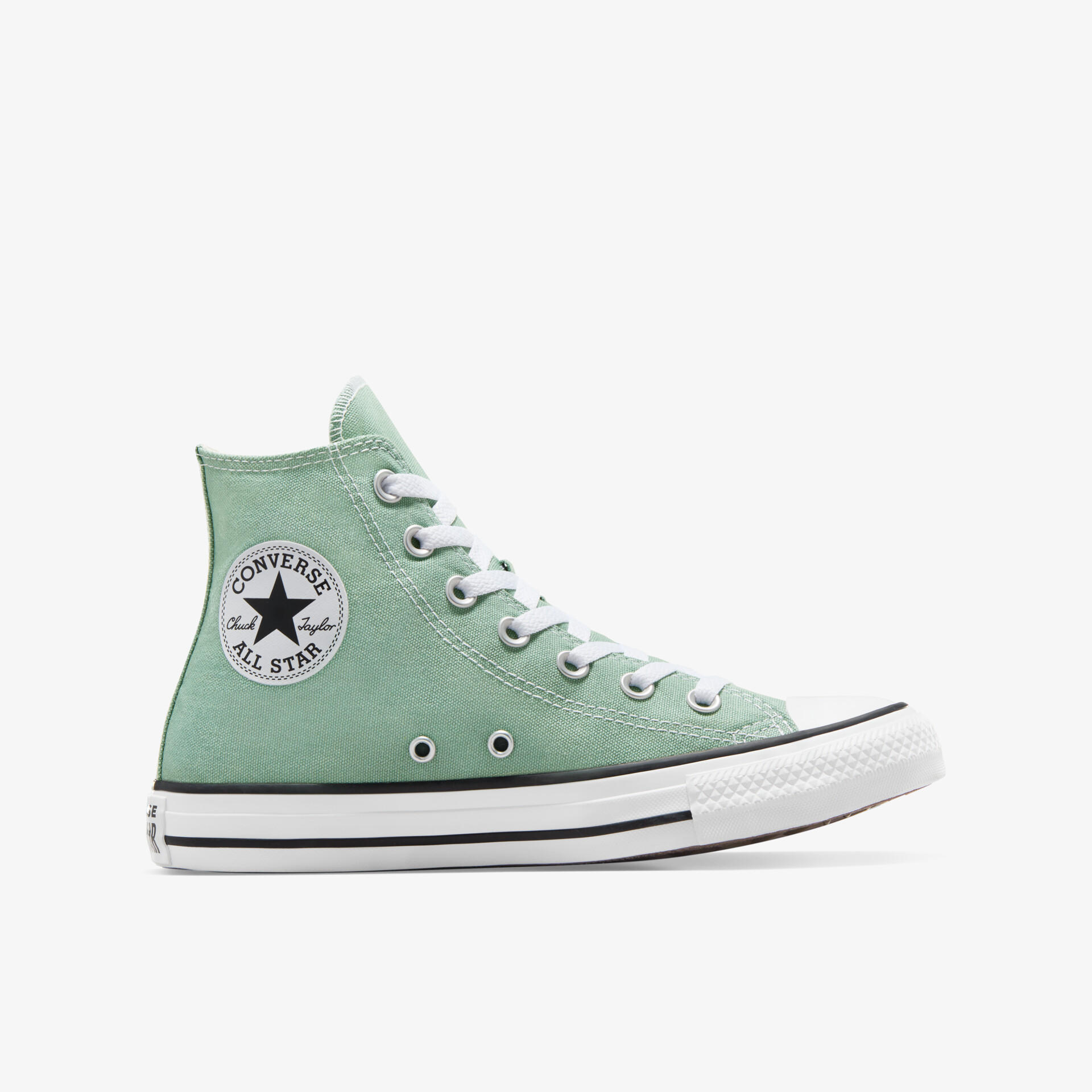 Seitliche Ansicht eines hochwertigen grünen High-Top Schuhs mit klassischem Design und robuster Profilsohle