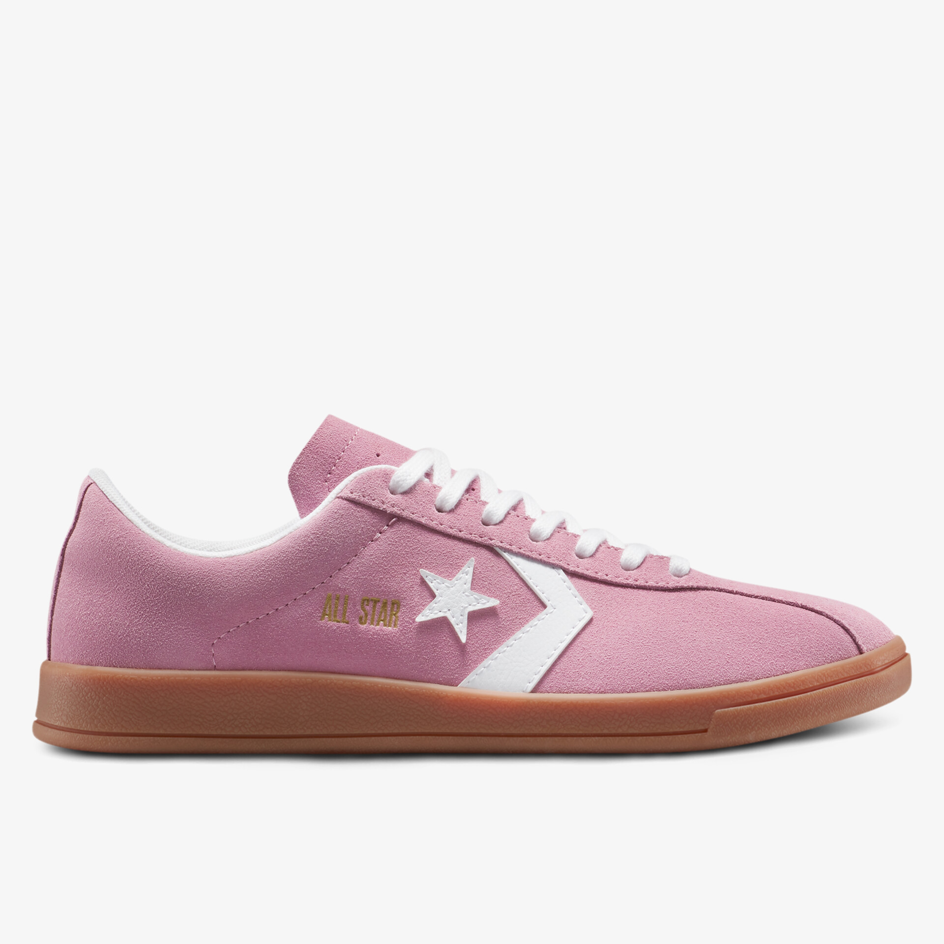 Seitlich sichtbarer rosa Sneaker mit weißem Sternlogo und brauner Gummisohle, sportlicher Stil