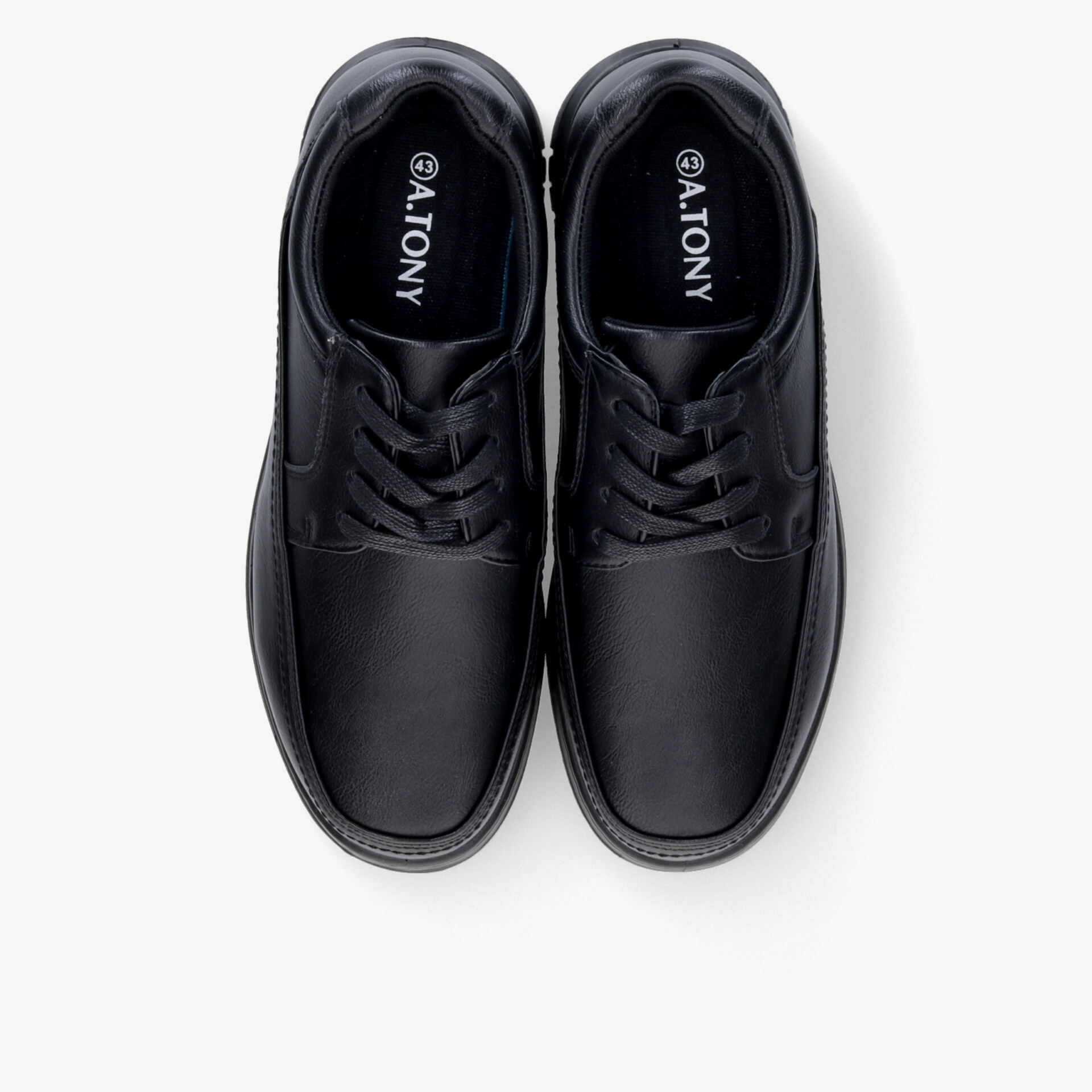 Schwarze Leder-Sneaker im Paar von oben, mit bequemem Design und stabilen Schnürsenkeln