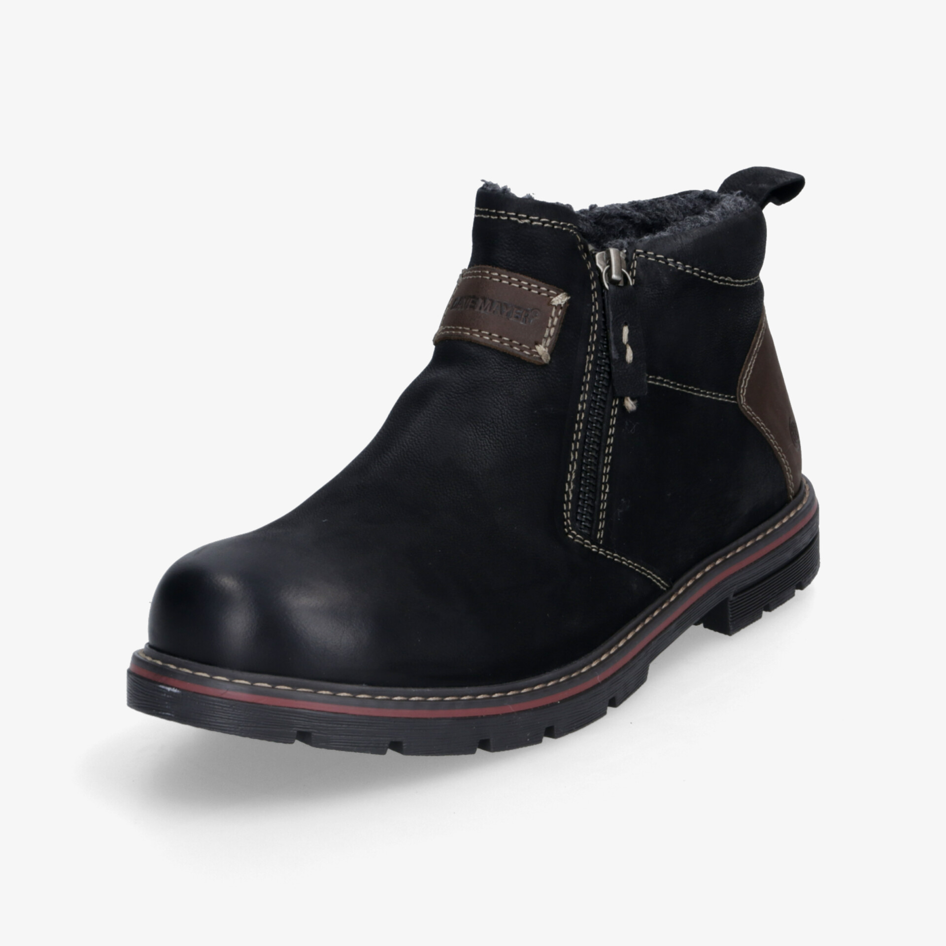 Robuster Lederstiefel mit seitlichem Reißverschluss und braunen Details, komfortable Profilsohle, moderne Optik