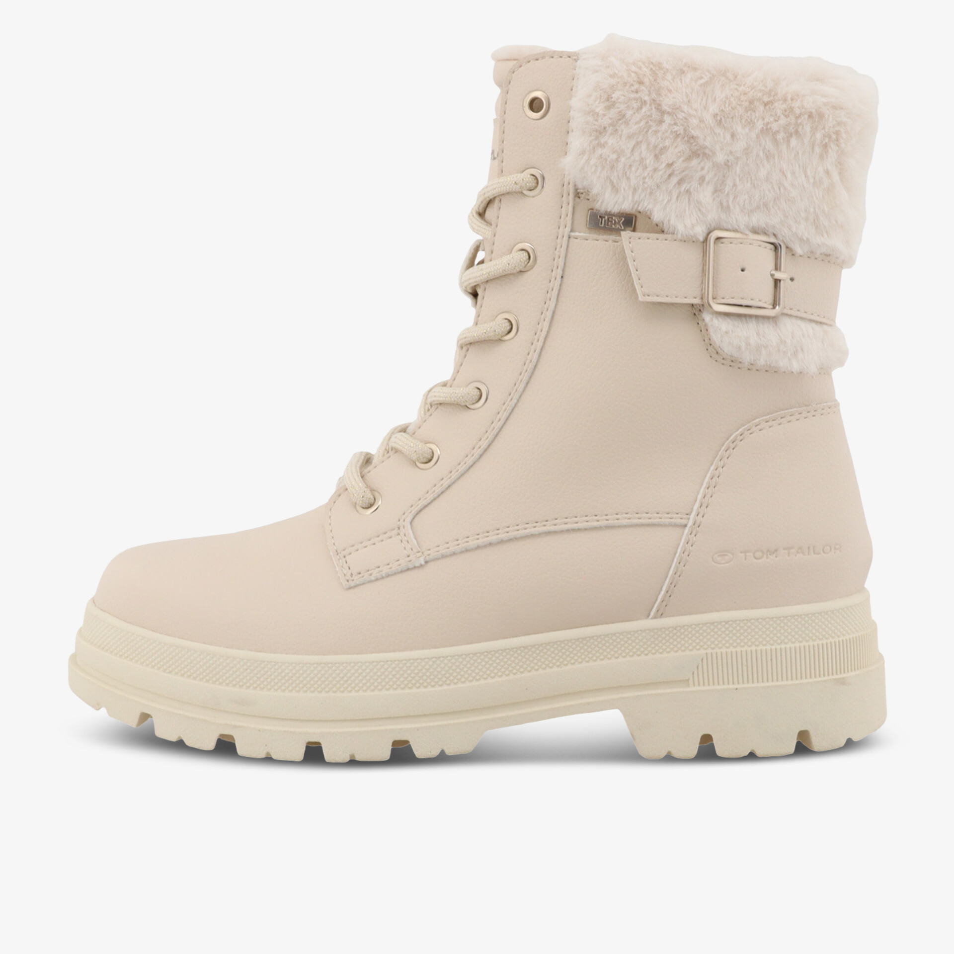 Warmer gefütterter Stiefel mit Schnürung und Schnallenverschluss, rutschfeste Profilsohle, elegante Seitenansicht