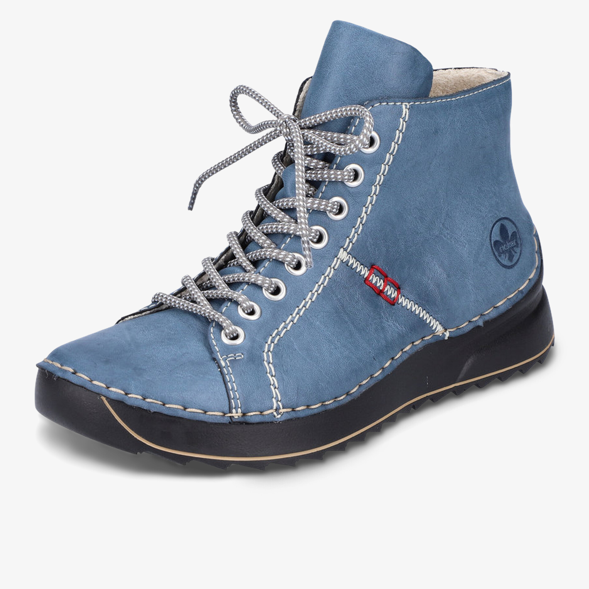 Moderner blauer Schnürstiefel aus weichem Leder mit bequemer Sohle und kontrastierender Naht