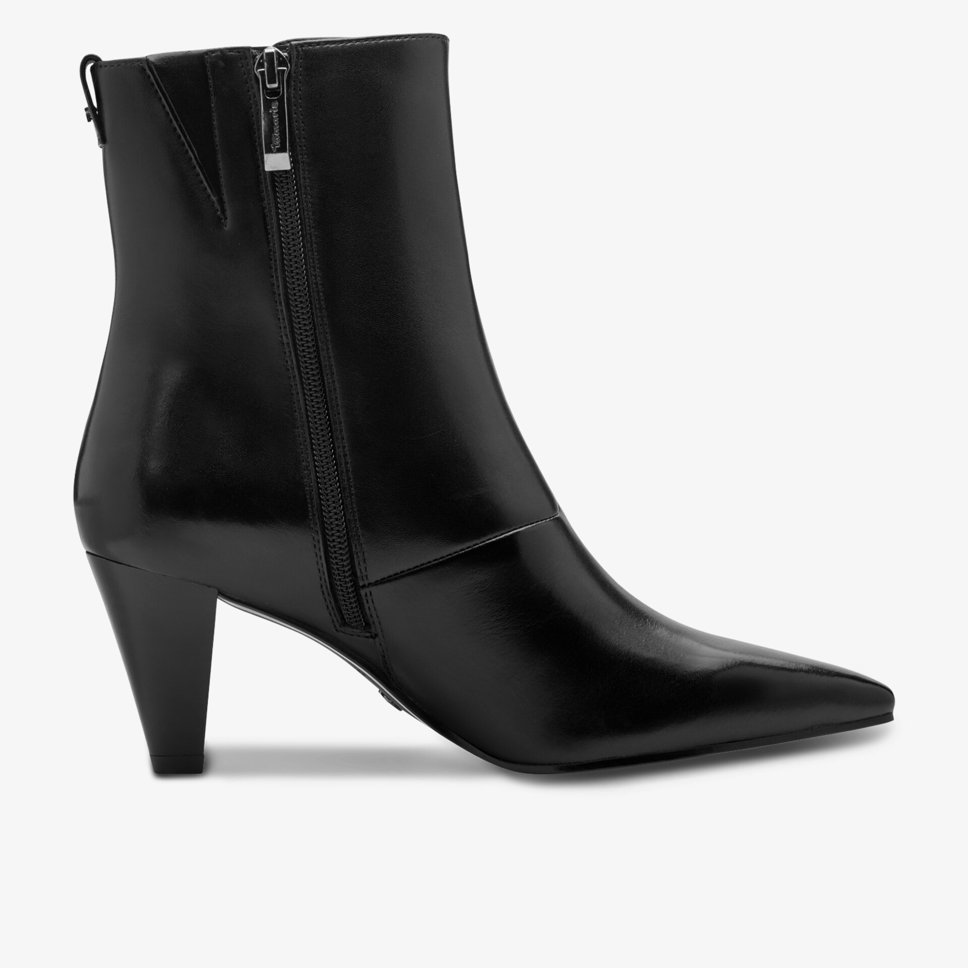 Eleganter schwarzer Stiefelette mit spitz zulaufender Zehenpartie und hohem Absatz, seitlicher Reißverschluss für Komfort