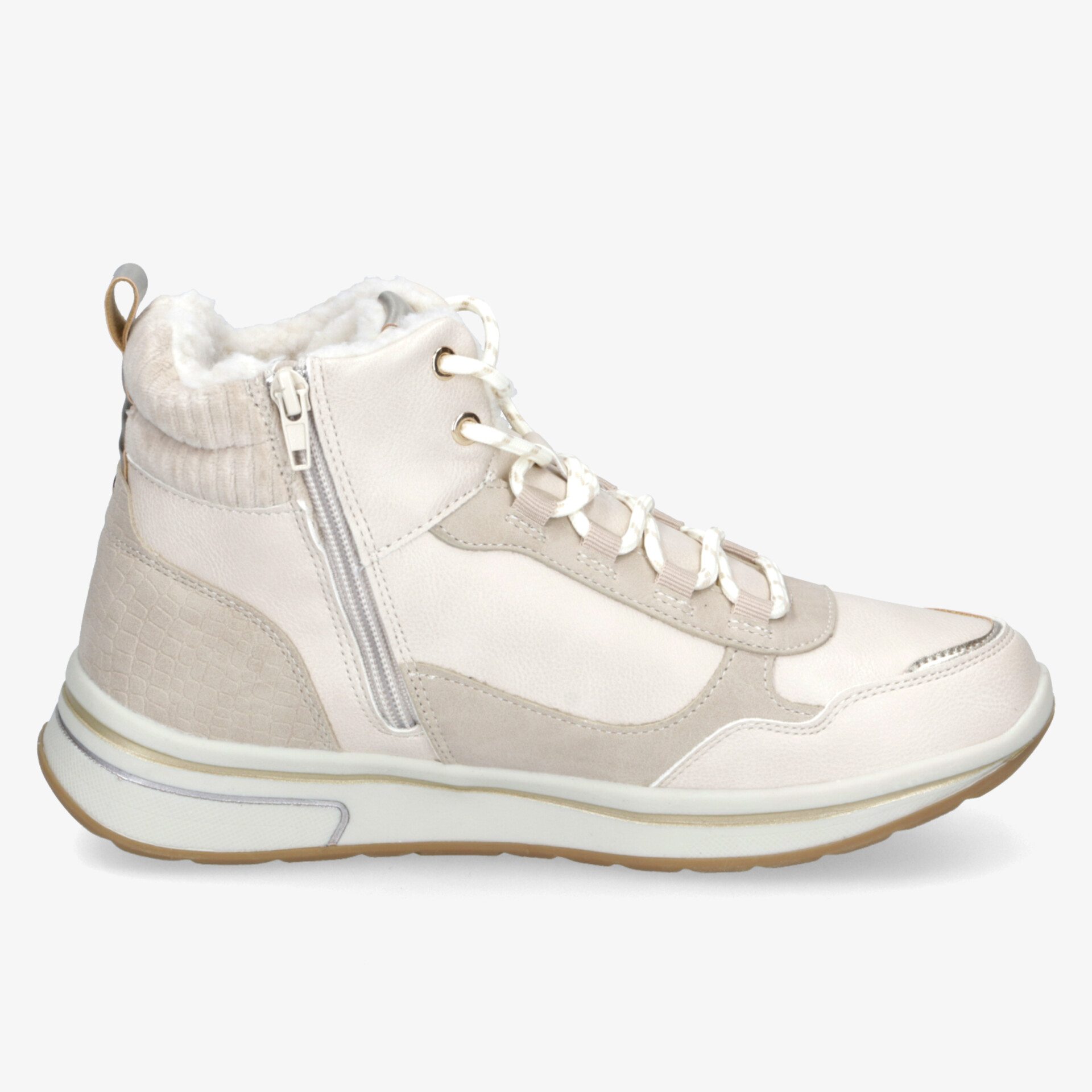 Seitenansicht eines bequemen weißen Sneakers mit seitlichem Reißverschluss und gepolstertem Schaftrand