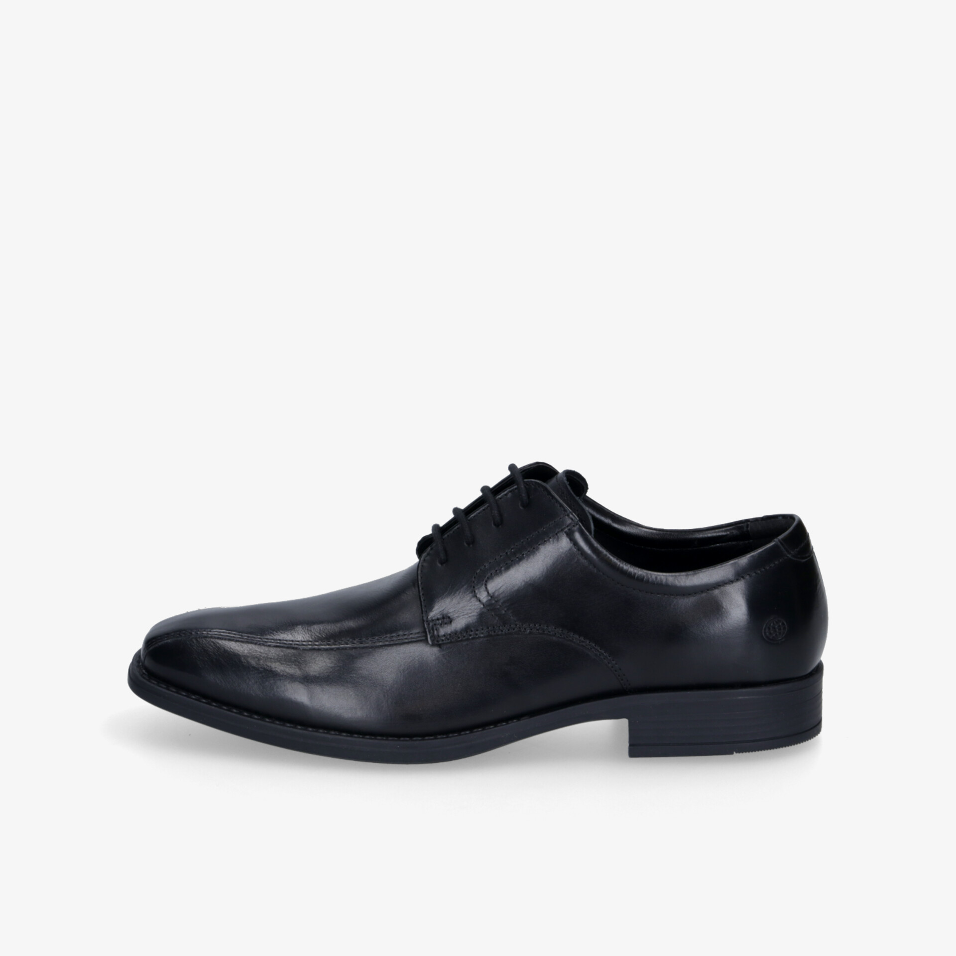 Eleganter schwarzer Lederschuh mit glattem Finish, bequem und strapazierfähig, in klarer Seitenansicht dargestellt