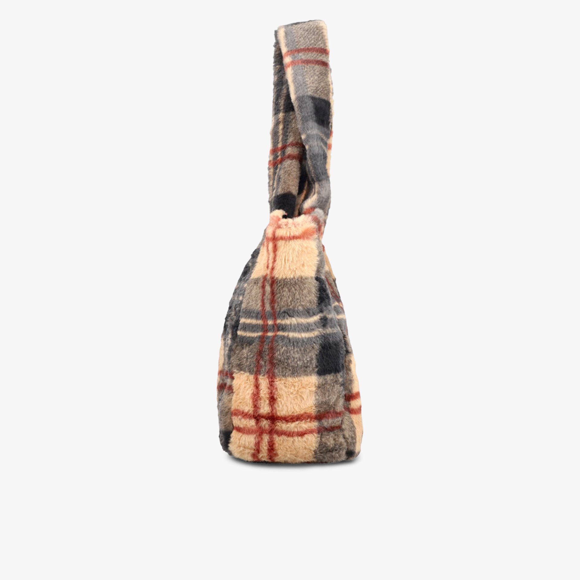 Modische Tasche aus weichem kariertem Stoff in klarer seitlicher Ansicht, handliche und praktische Form