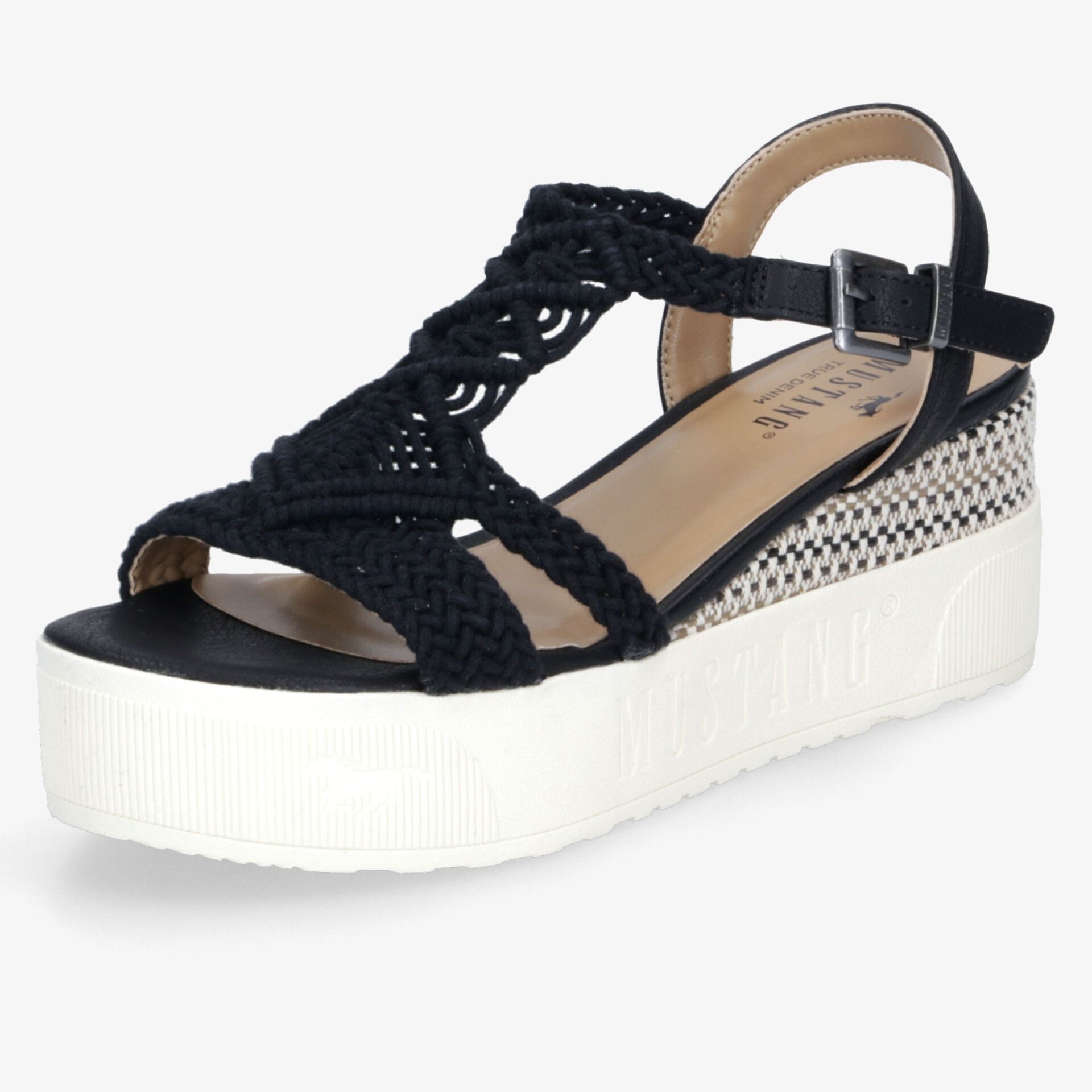 Schwarze Plateau-Sandale mit gehäkeltem Riemen und weiße profilierte Sohle, modisch und bequem