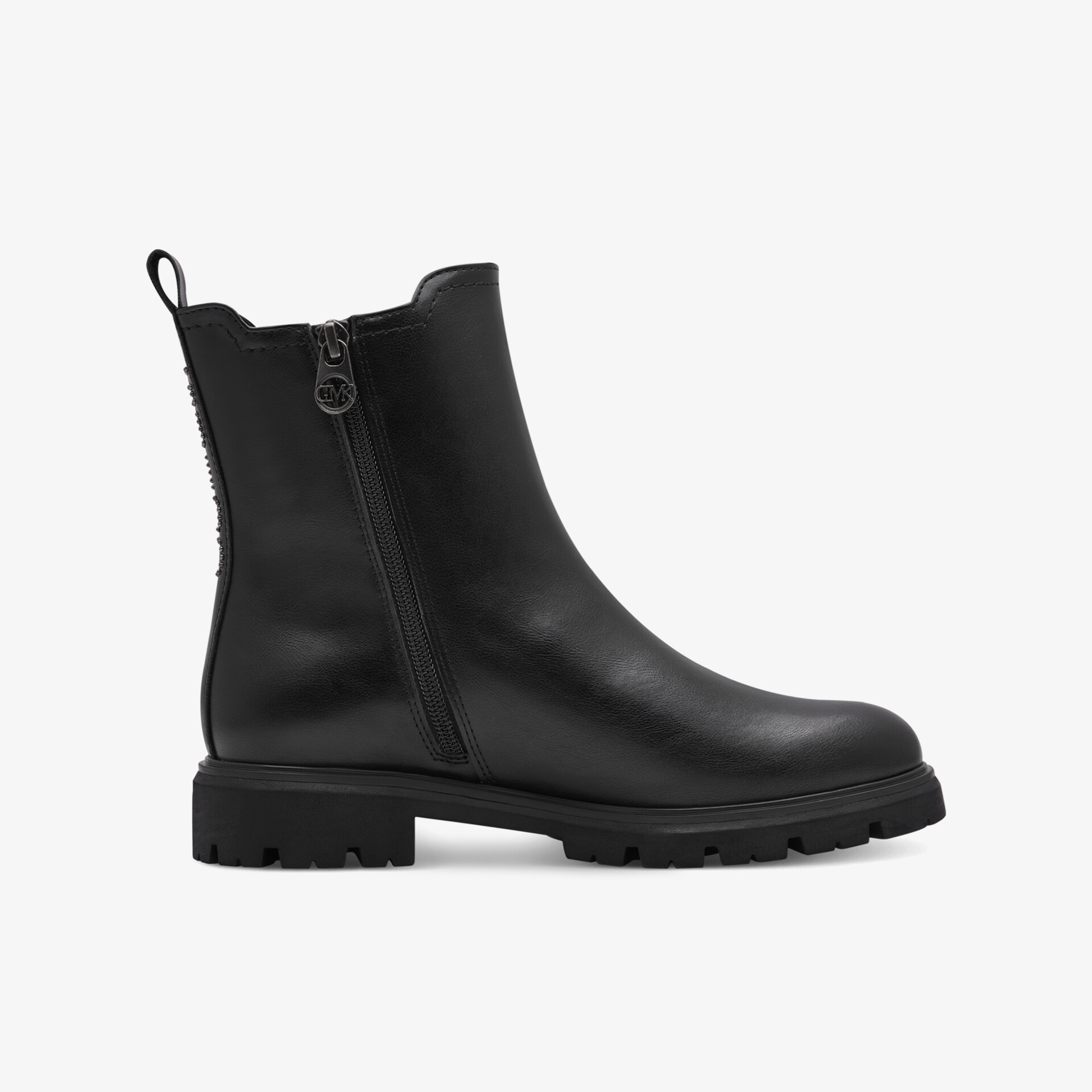 Schwarzer Lederstiefel mit robustem Profil und praktischem Reißverschluss, elegante und komfortable Seitenansicht