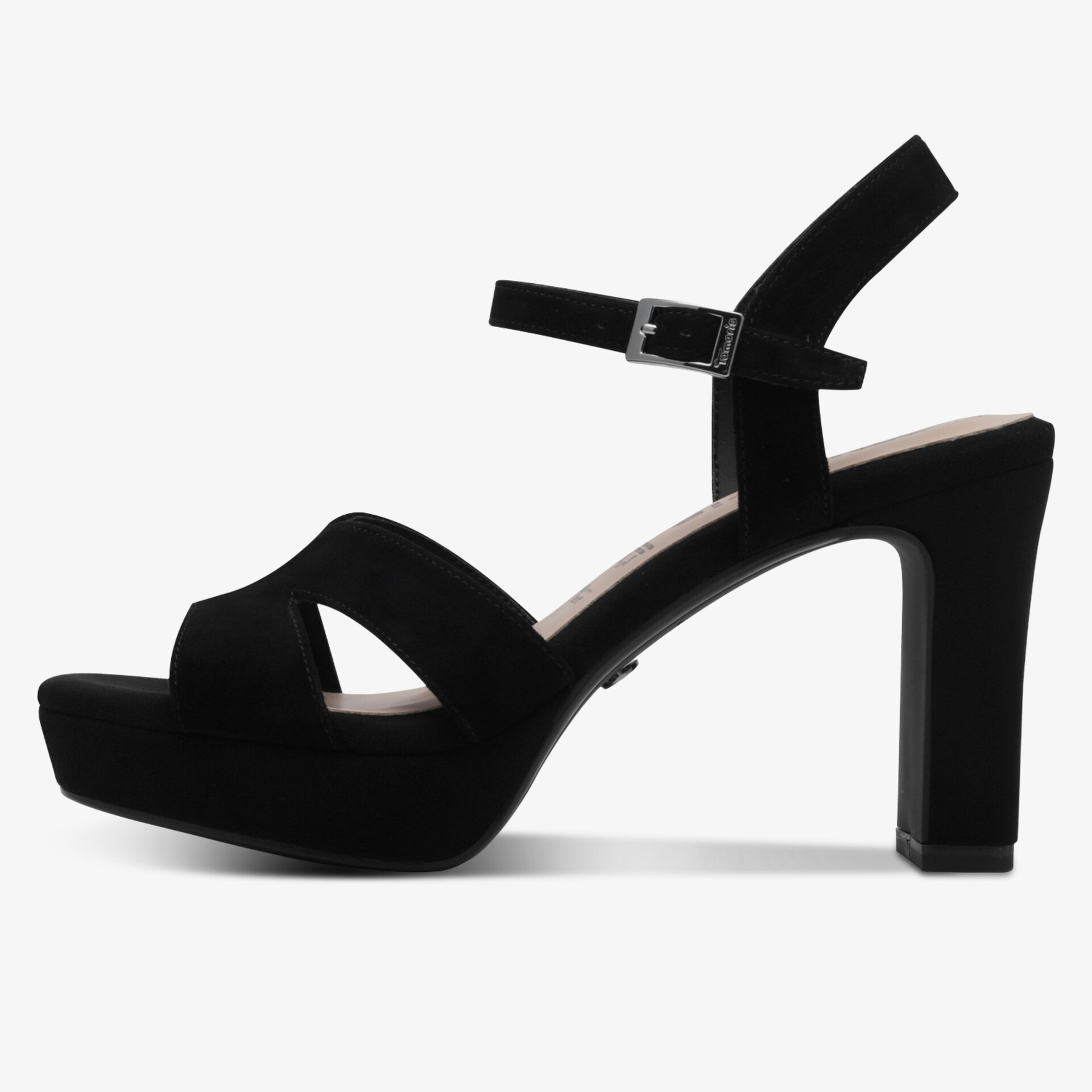 Schwarzer Pumps mit hohem Blockabsatz und verstellbarem Knöchelriemen, eleganter Velours-Look