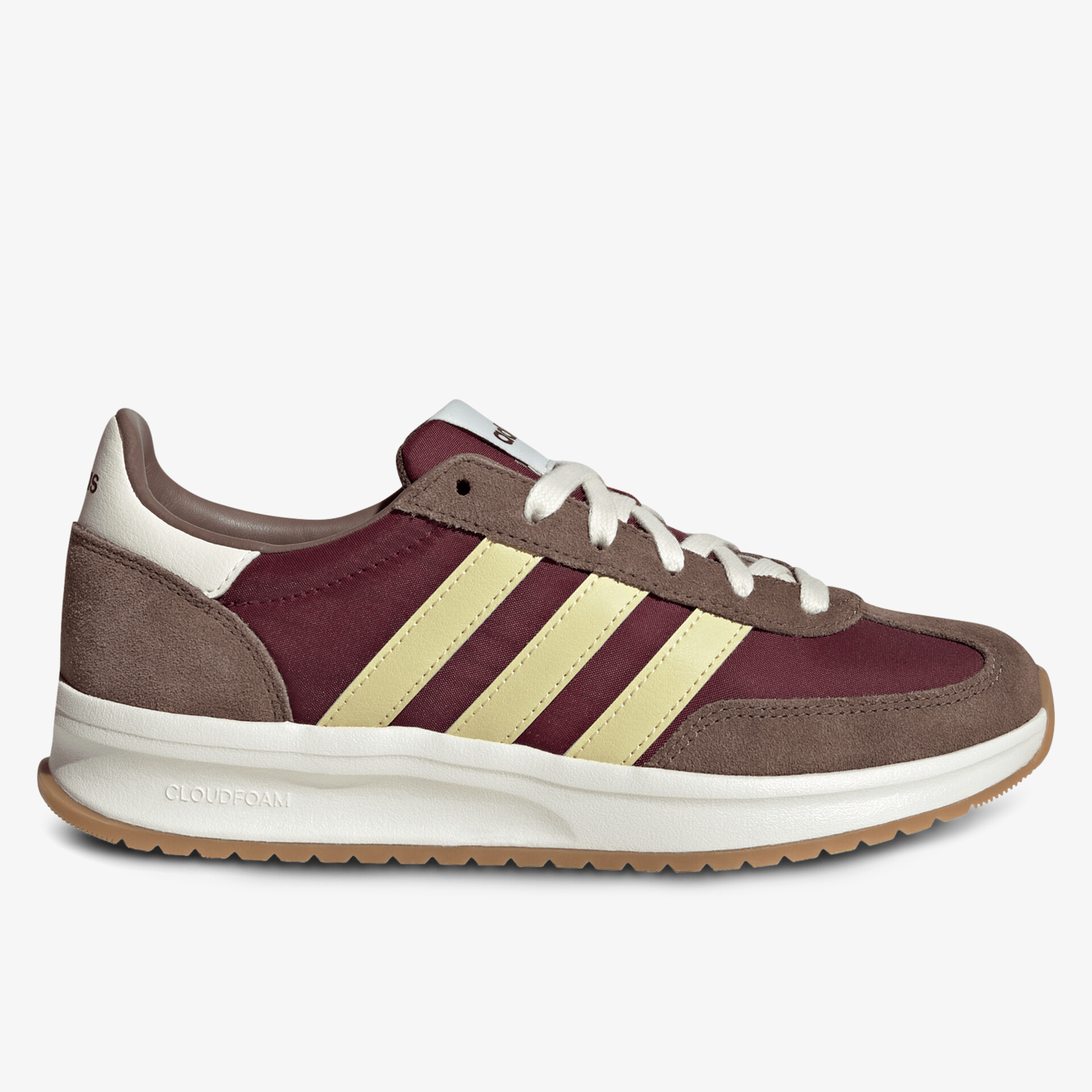 Seitliche Ansicht eines modernen Sneakers mit weicher Polsterung und robuster Gummisohle in Braun und Weinrot