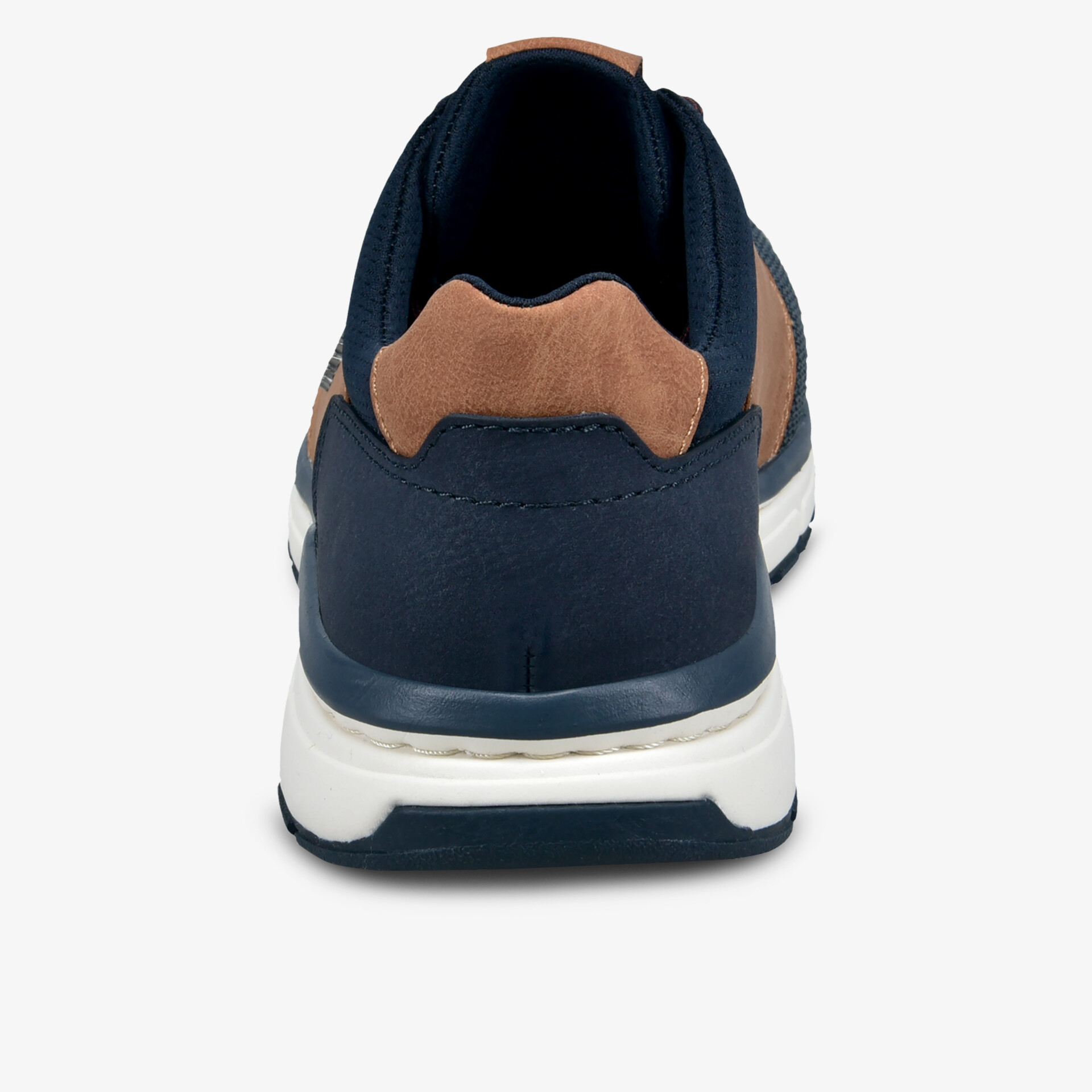 Rückansicht eines navy-blauen Sportschuhs mit braunen Details und weißer Sohle, stabil und komfortabel