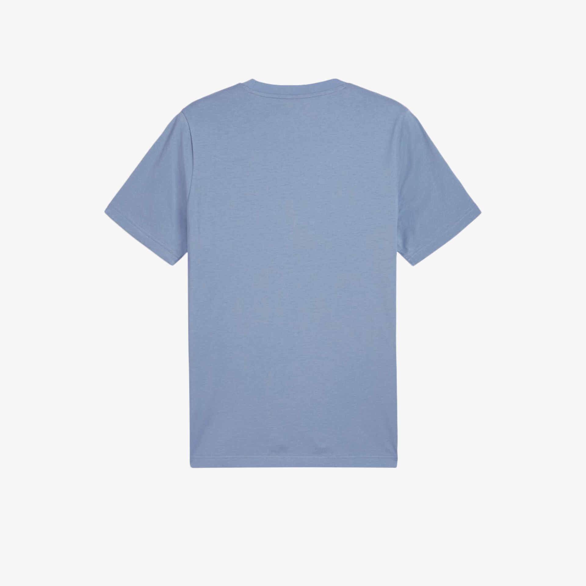 Blaues T-Shirt mit Kurzarm und rundem Halsausschnitt in klarer Rückansicht schlicht und bequem