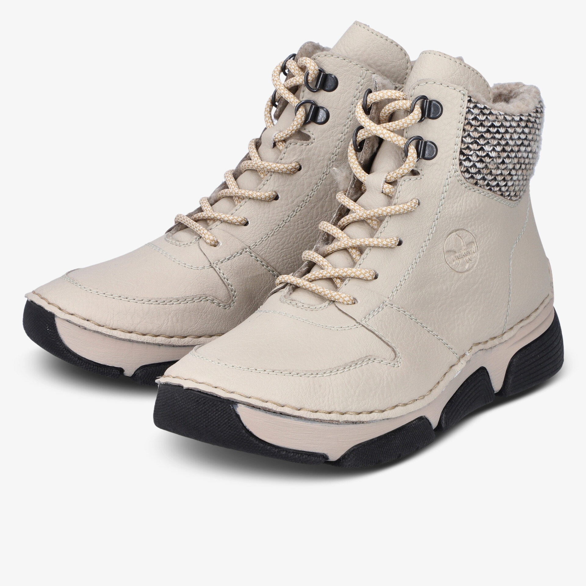Bequeme beige Stiefeletten mit gemustertem Schaft, strapazierfähiger Profilsohle und Schnürung