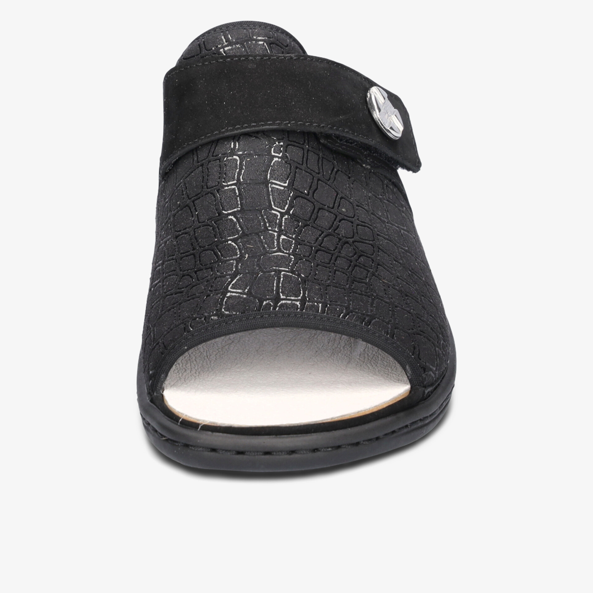Schwarzer bequemer Schuh mit offenem Zehenbereich und verstellbarem Riemen, ideal für sommerlichen Komfort