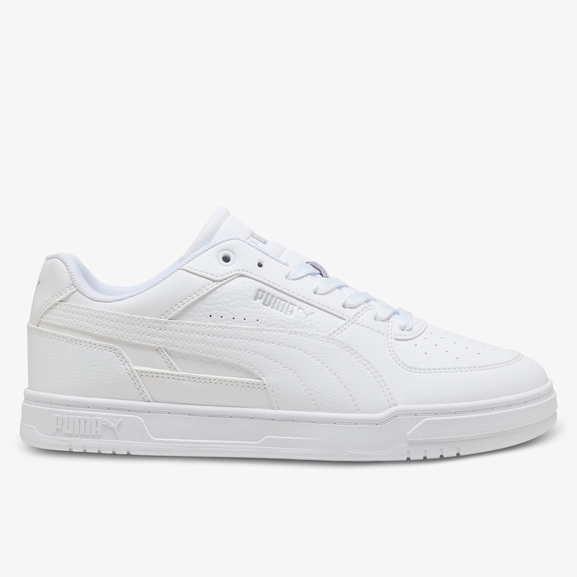 Seitliche Ansicht eines weißen Sneakers mit schlichtem Design und bequemer Passform