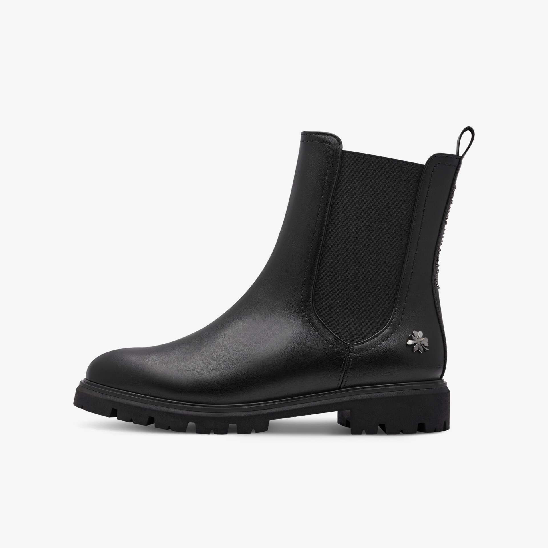 Schwarzer Chelsea Boot aus glattem Leder mit elastischen Seitenteilen, rutschfester Sohle und bequemem Schnitt