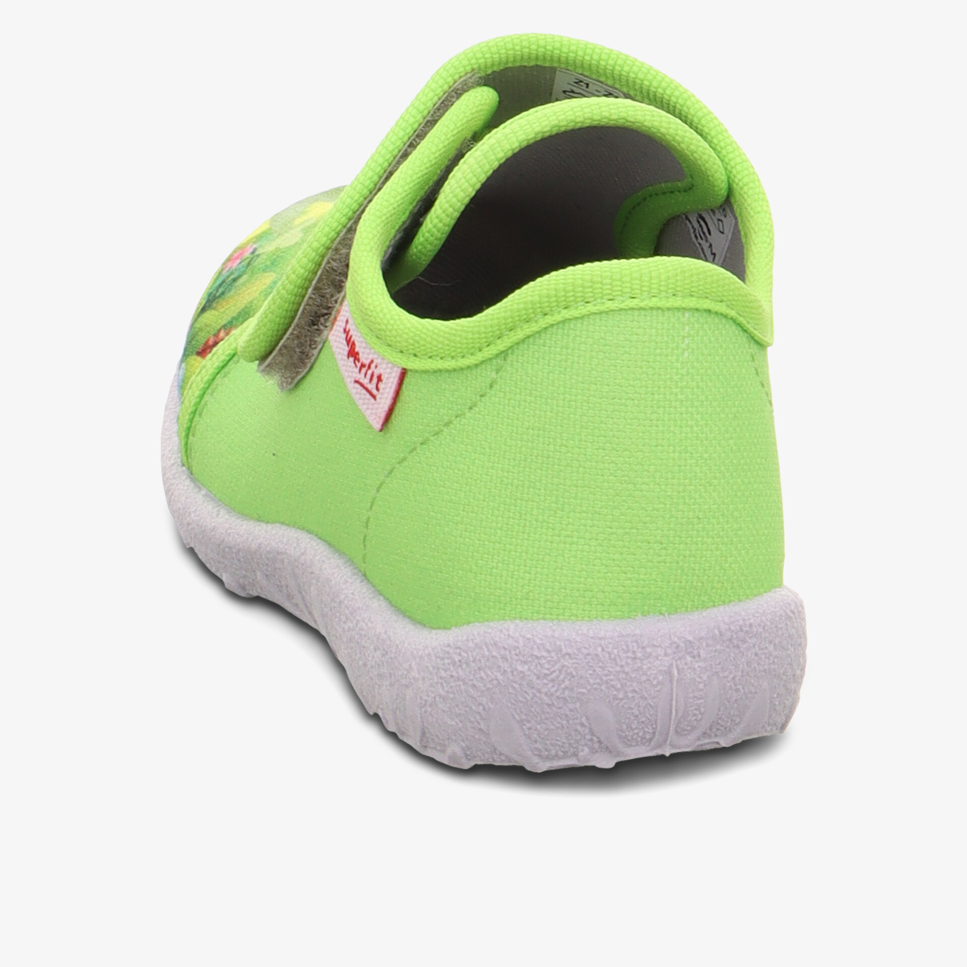 Grüner Schuh mit bequemer Passform und rutschfester weißer Sohle, seitliche und hintere Ansicht