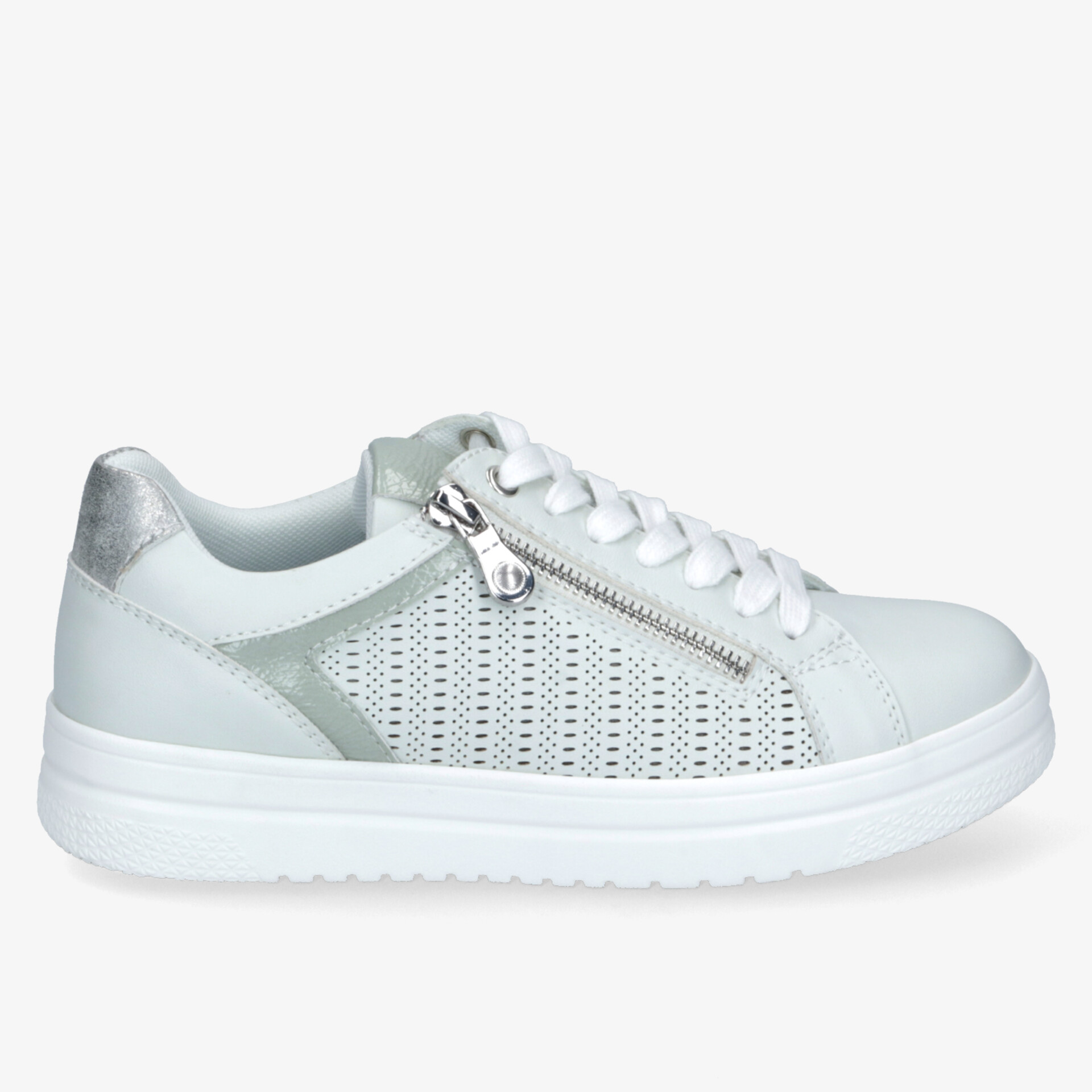 Moderner weißer Sneaker mit seitlichem Reißverschluss und atmungsaktiven Einsätzen für hohen Tragekomfort.