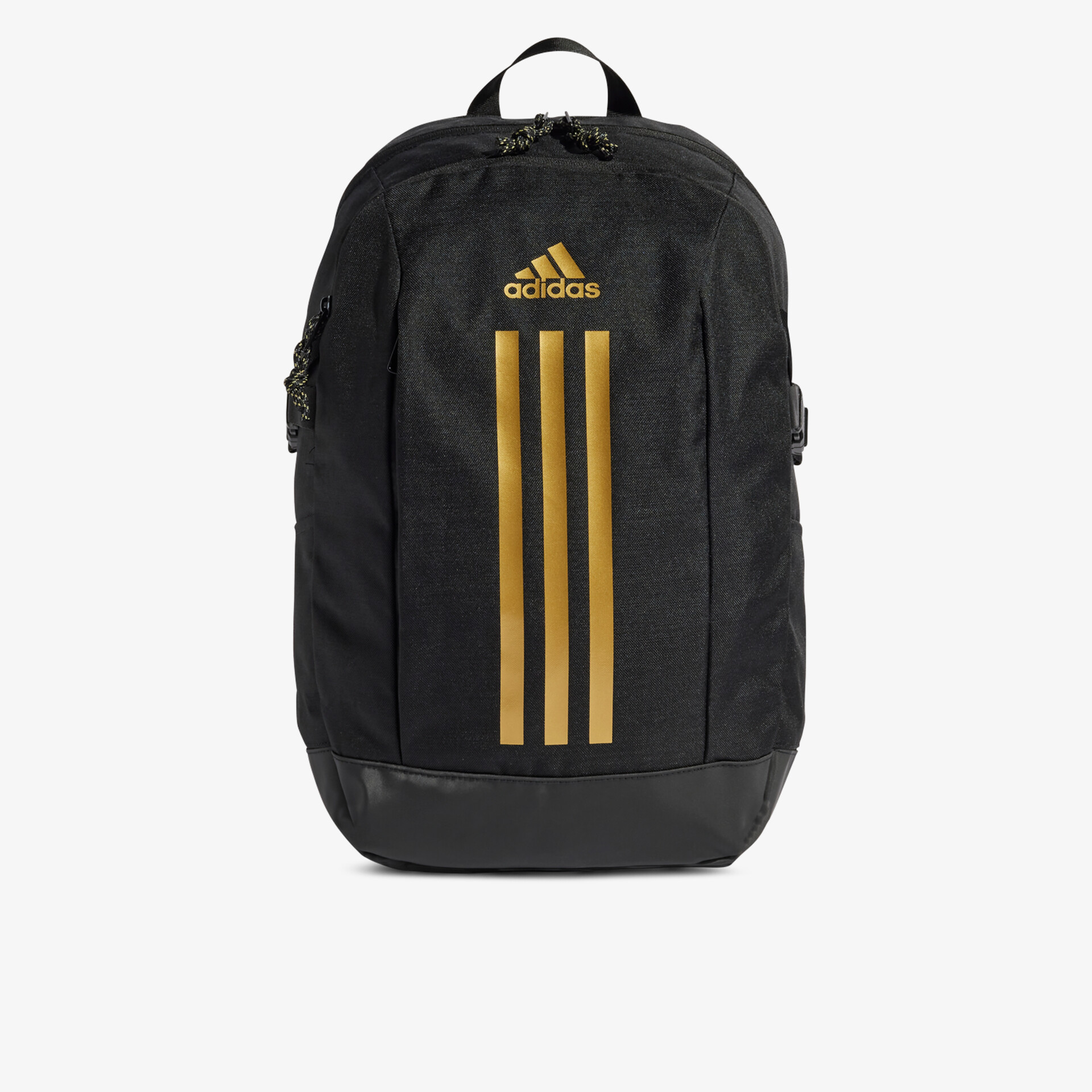 Schwarzer Rucksack mit goldenen Streifen, geräumig und robust, ideal für Sport und Alltag